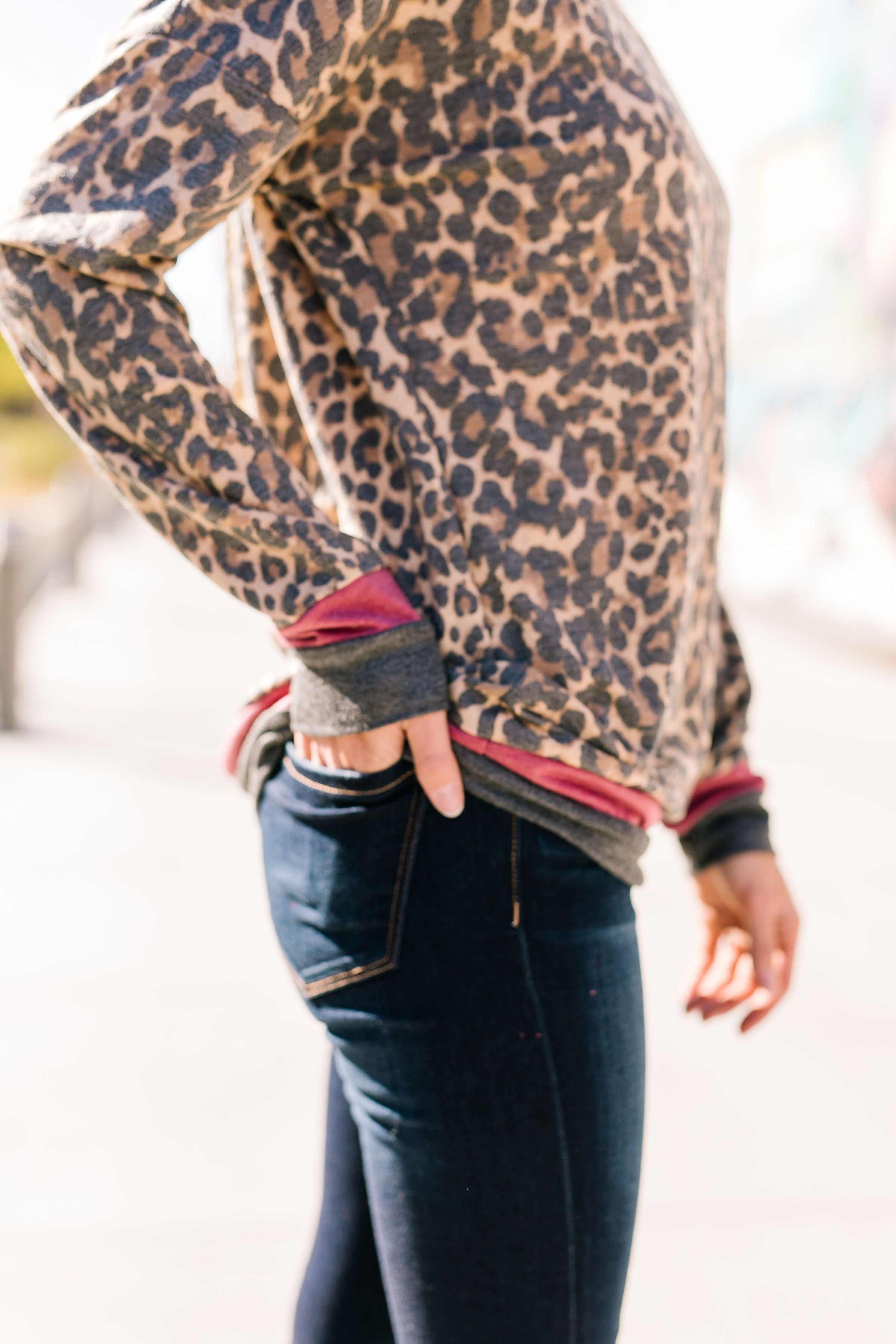 Sleep The Day Away Faded Leopard Top With Contrast Stripes - ALL SALES FINAL