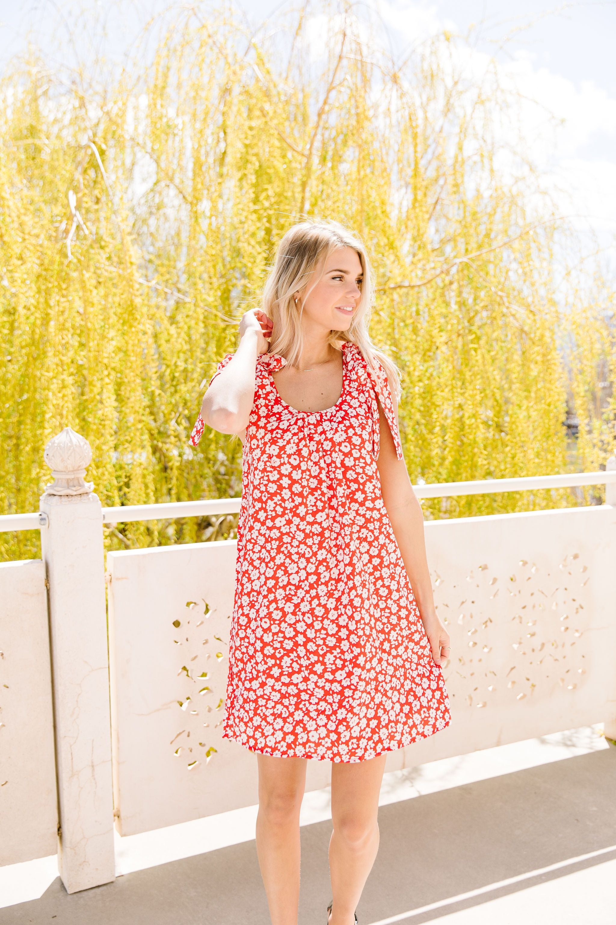 Spotted Rosette Dress In Red Coral