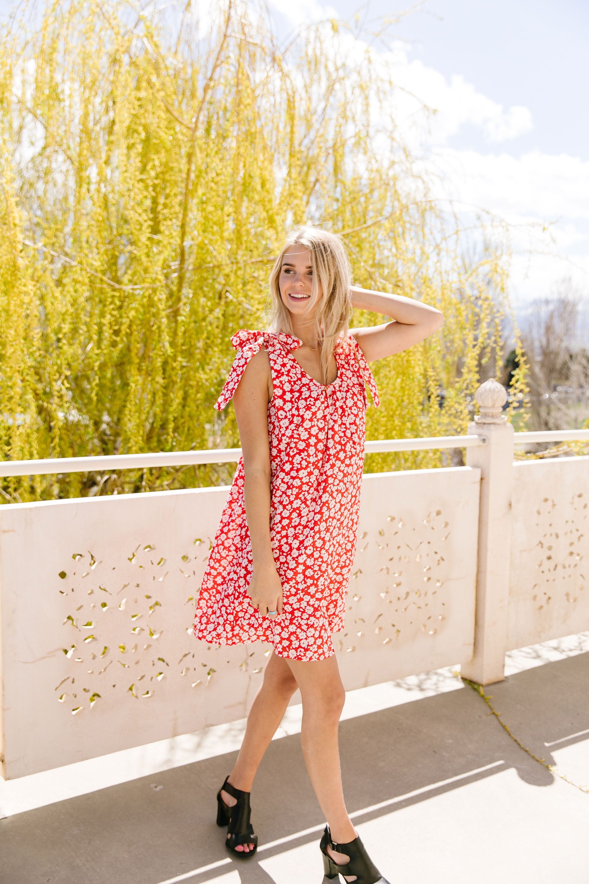Spotted Rosette Dress In Red Coral
