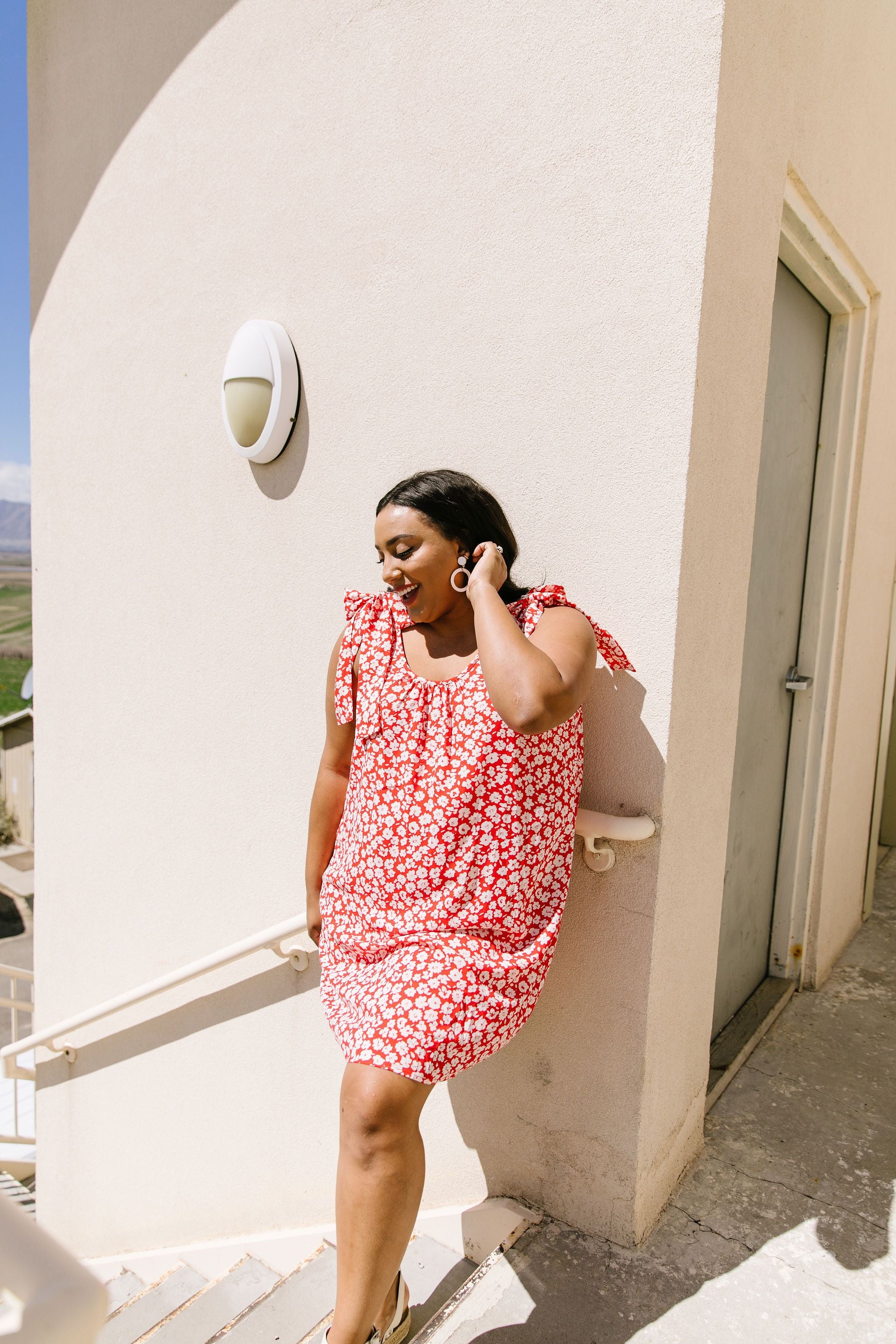 Spotted Rosette Dress In Red Coral