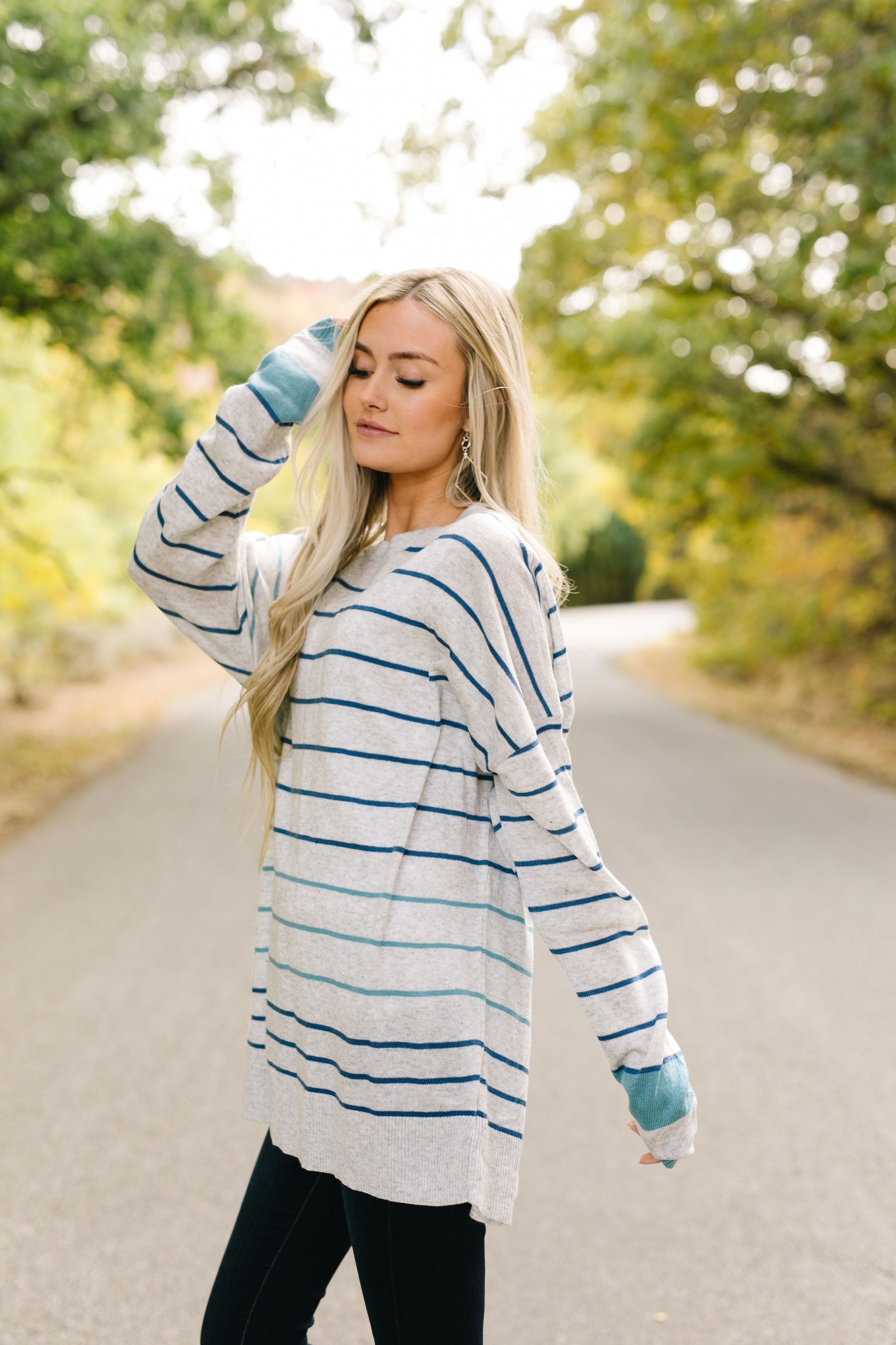 Stairway To Heaven Gray And Blue Striped Sweater - ALL SALES FINAL