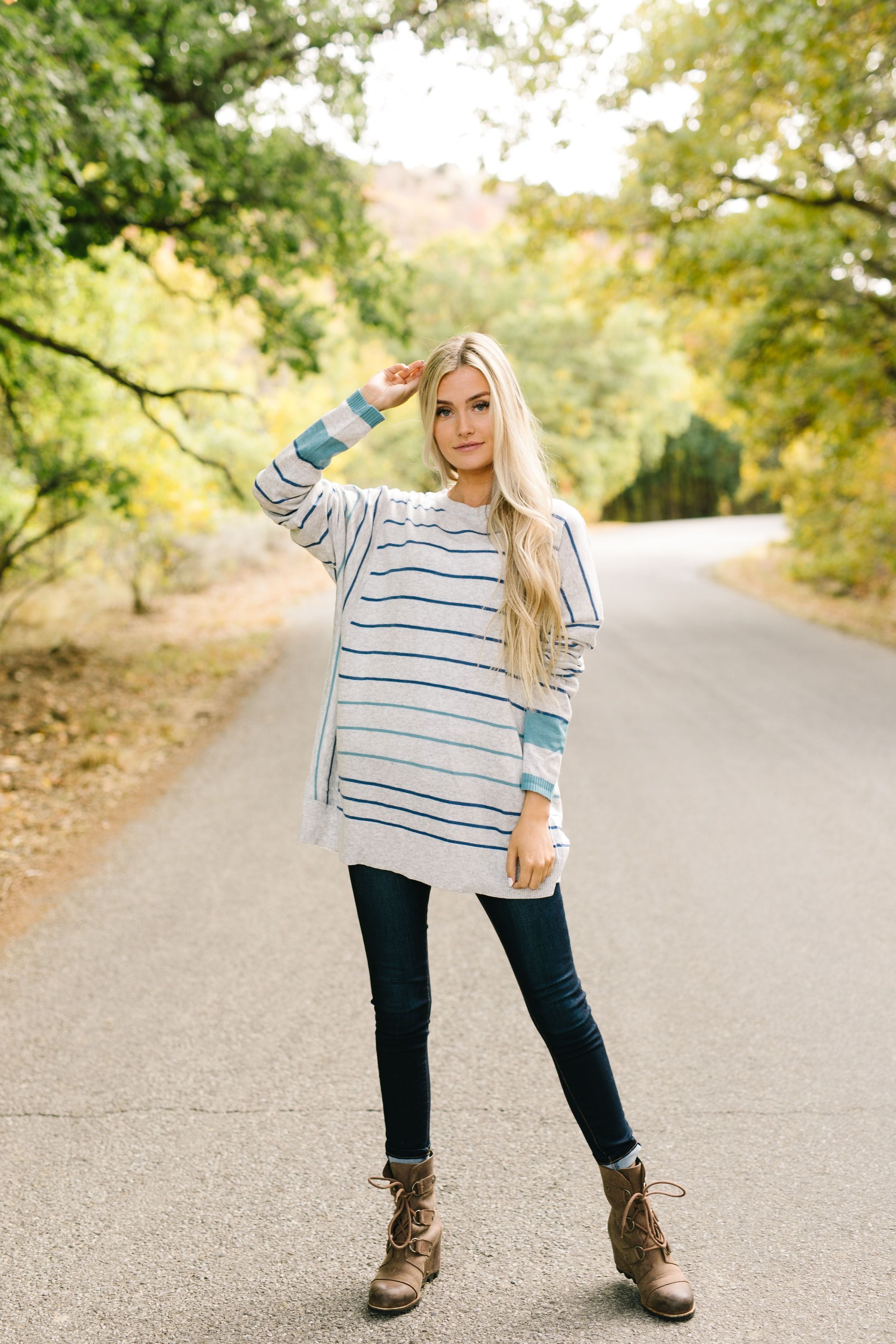 Stairway To Heaven Gray And Blue Striped Sweater - ALL SALES FINAL