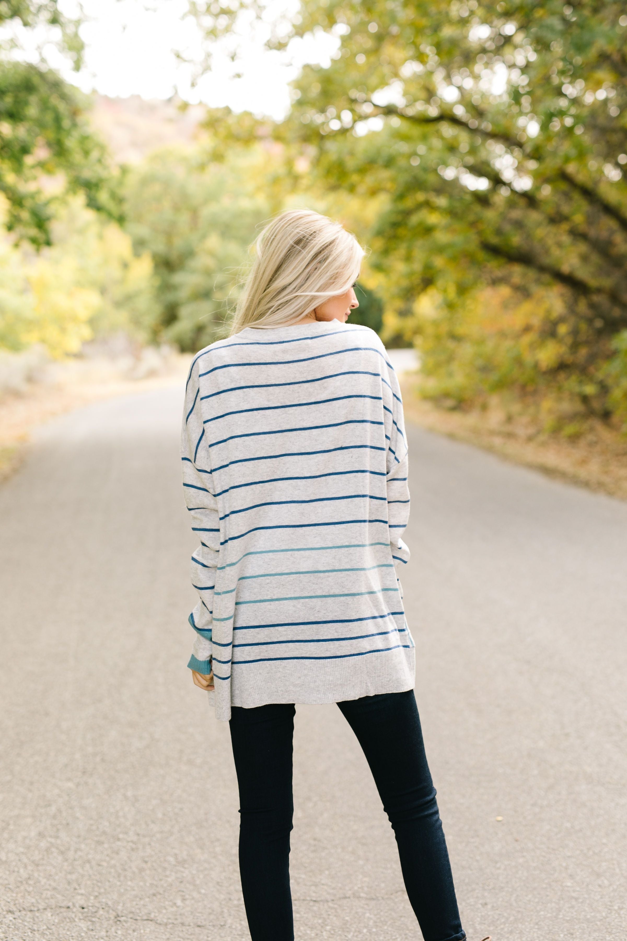 Stairway To Heaven Gray And Blue Striped Sweater - ALL SALES FINAL