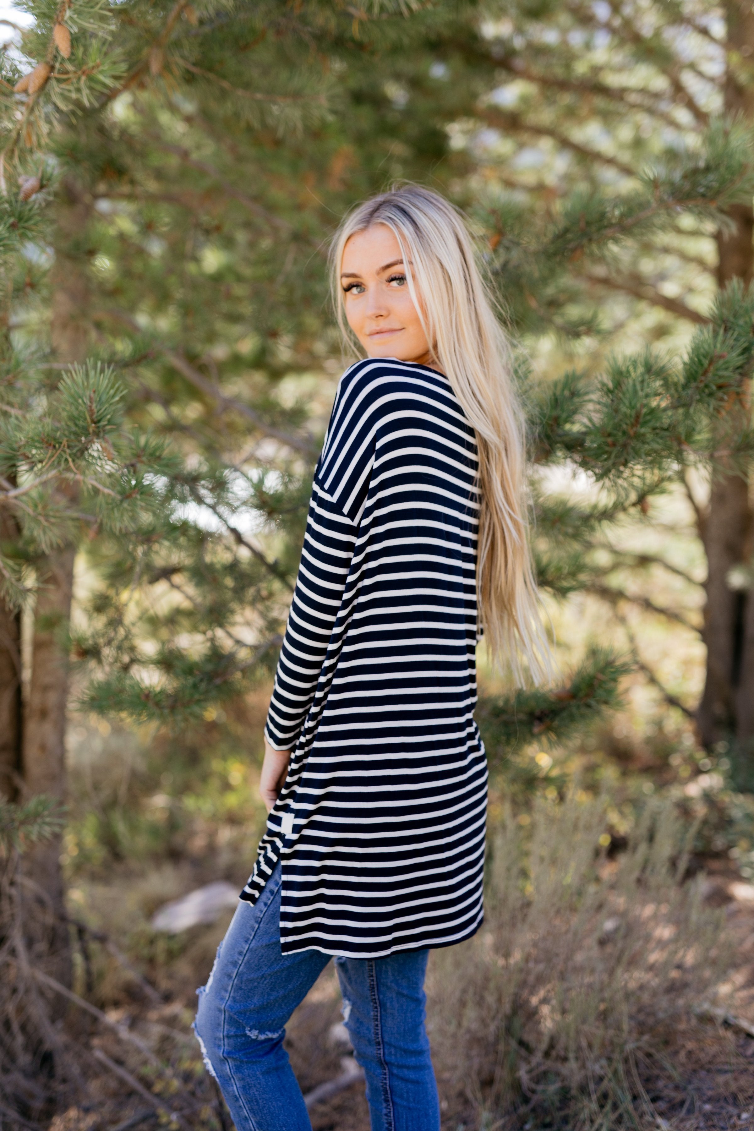 Steady She Goes Striped Top In Navy