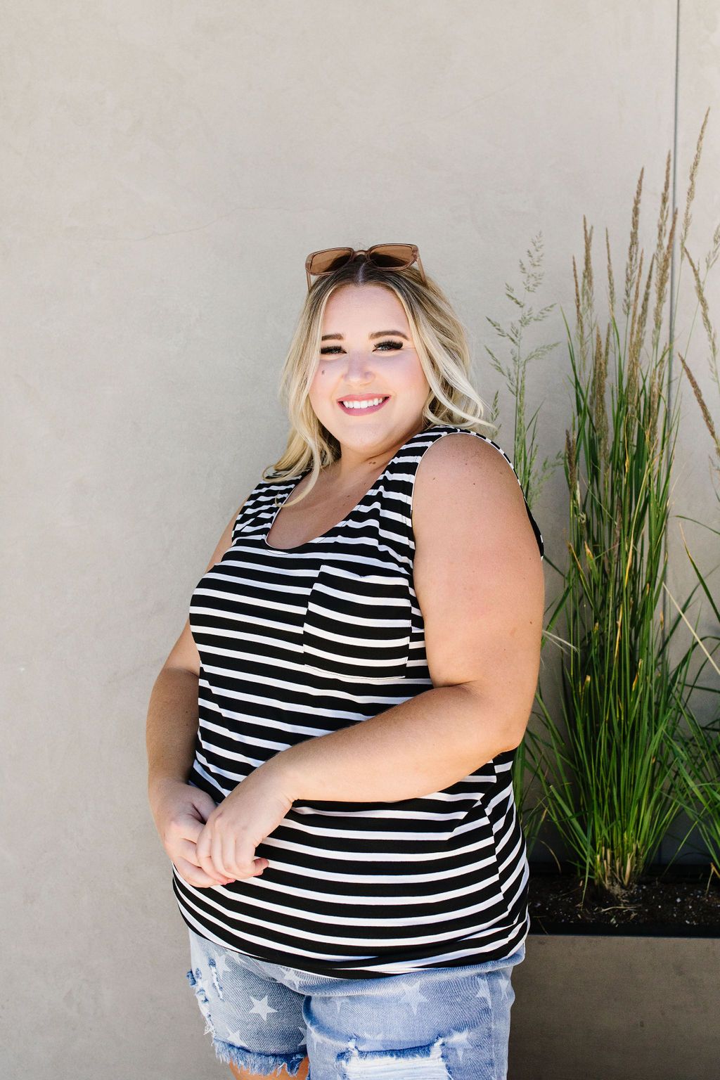 Stripe On All Summer Long Tank In Black