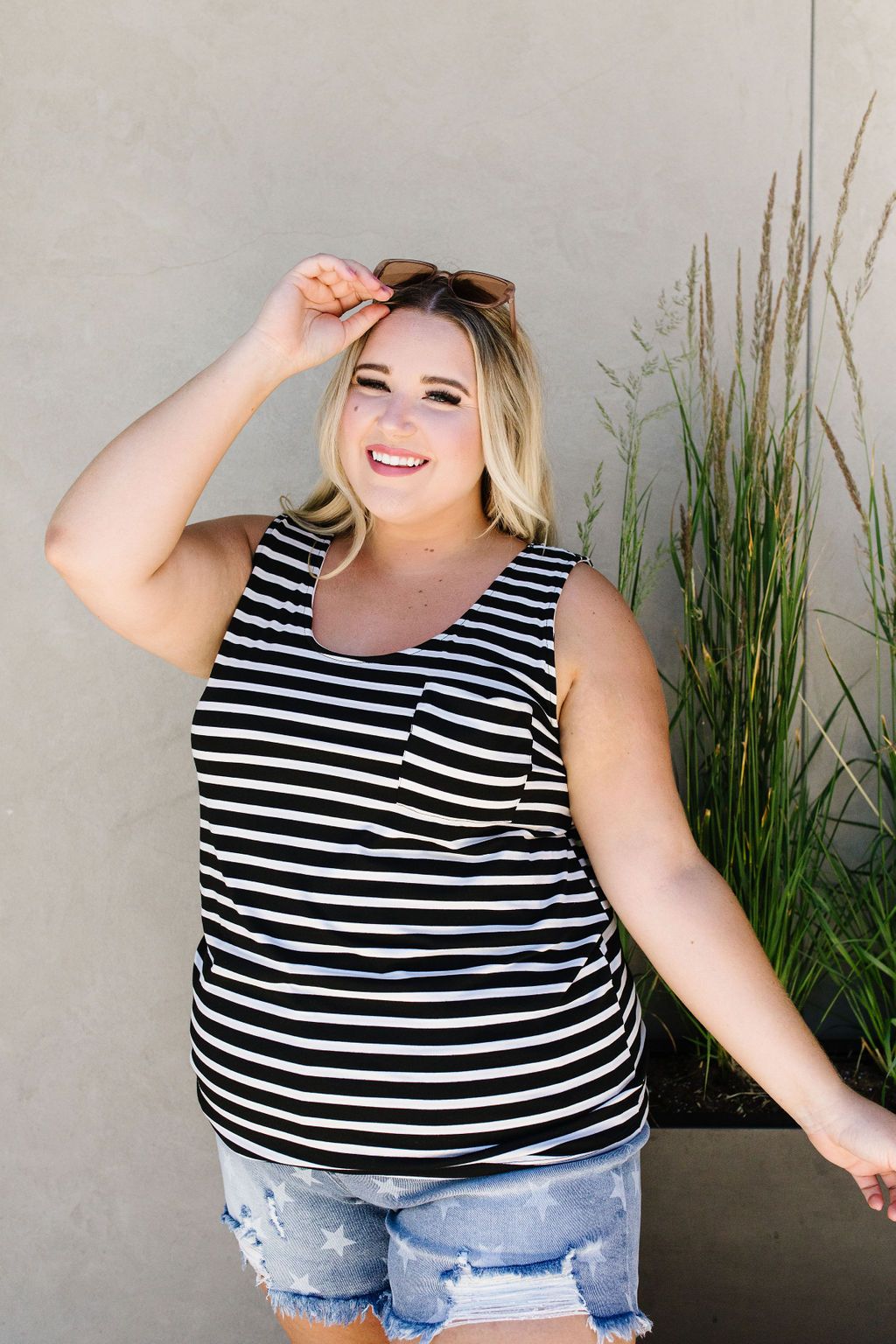 Stripe On All Summer Long Tank In Black