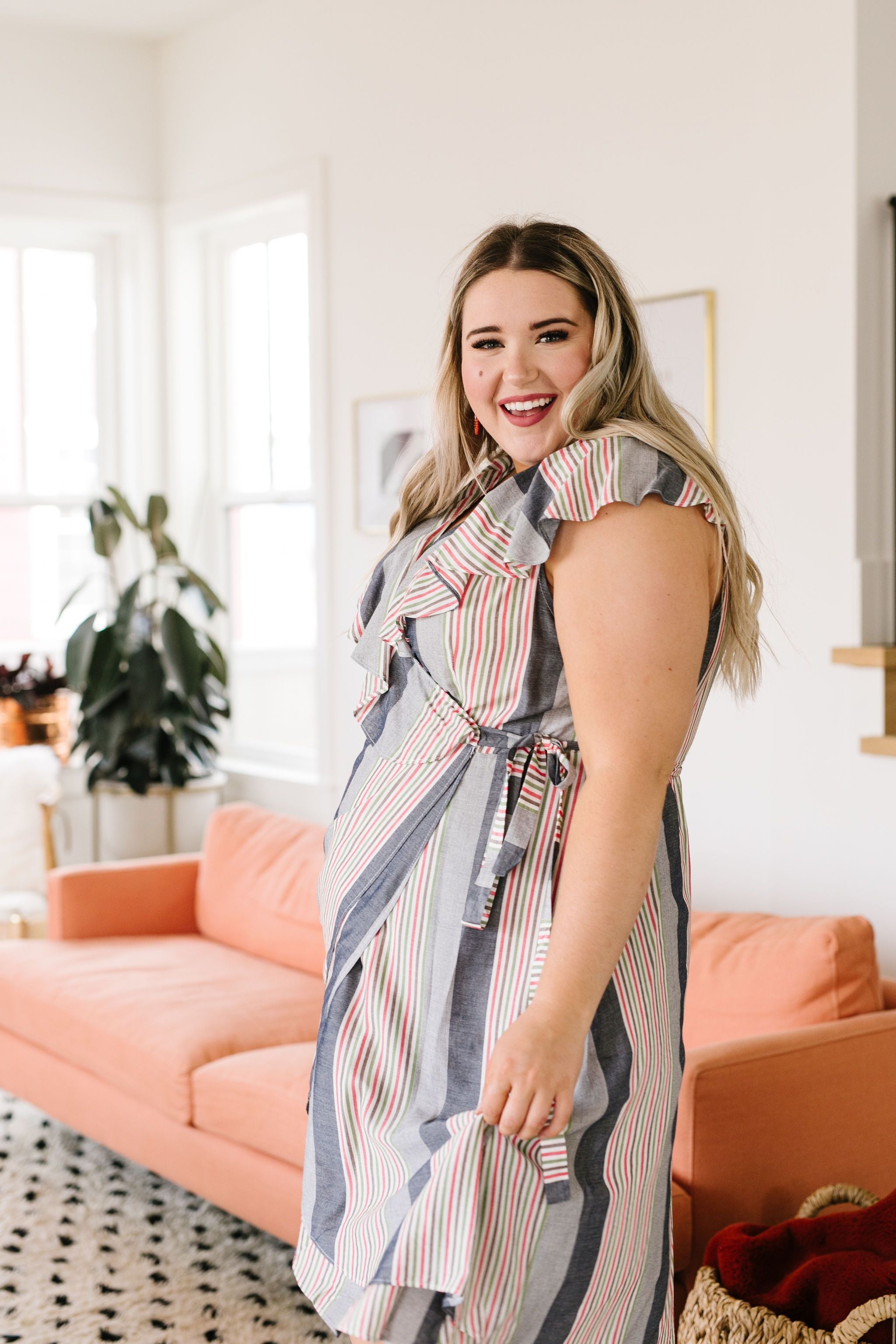 Striped Delight Ruffled Wrap Dress