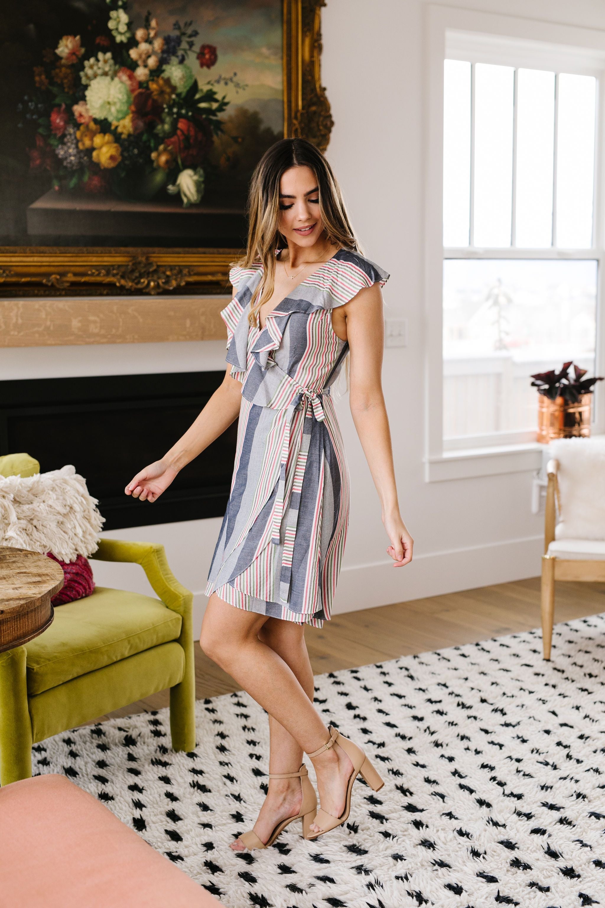 Striped Delight Ruffled Wrap Dress