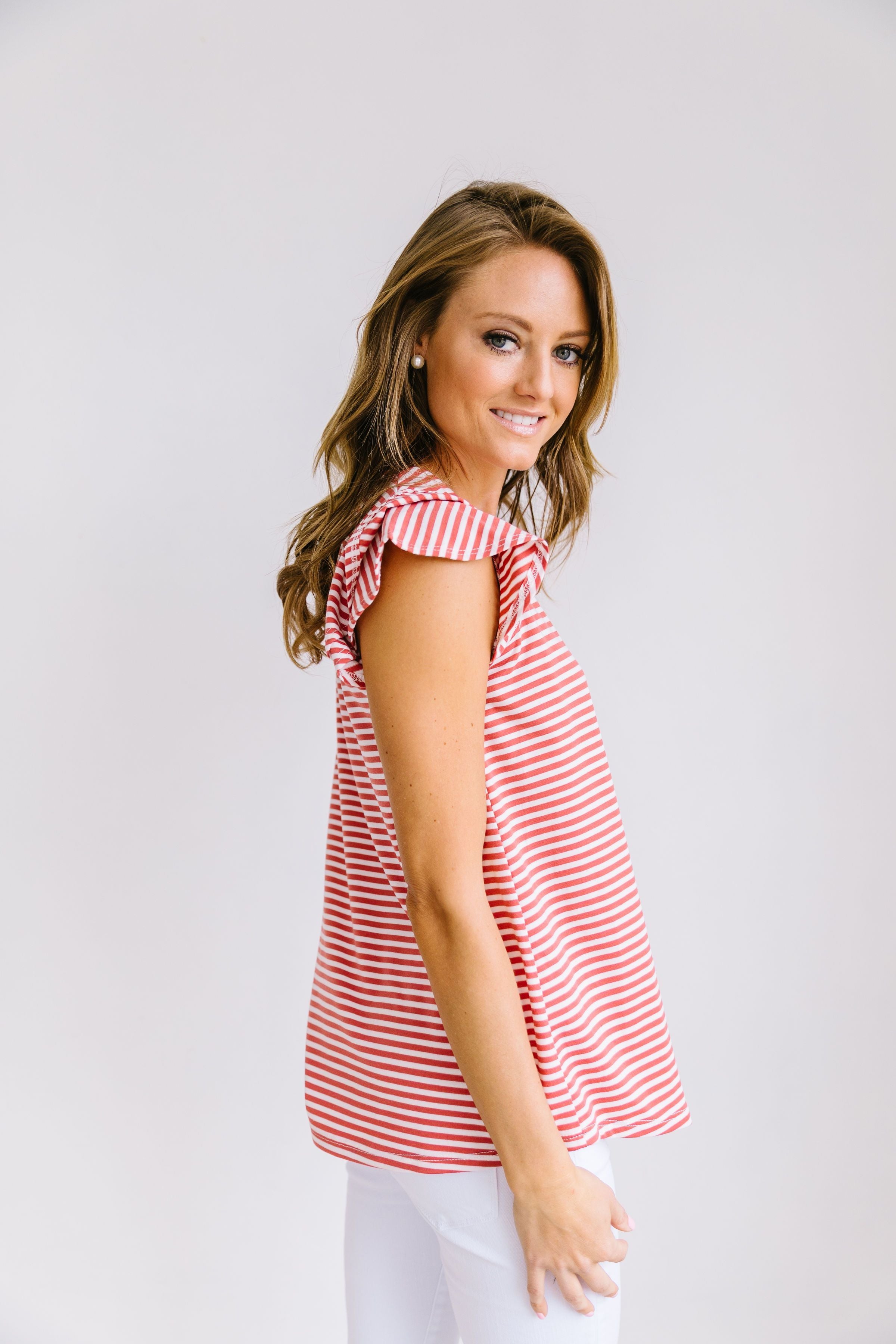 Striped Double Ruffle Top In Coral + White