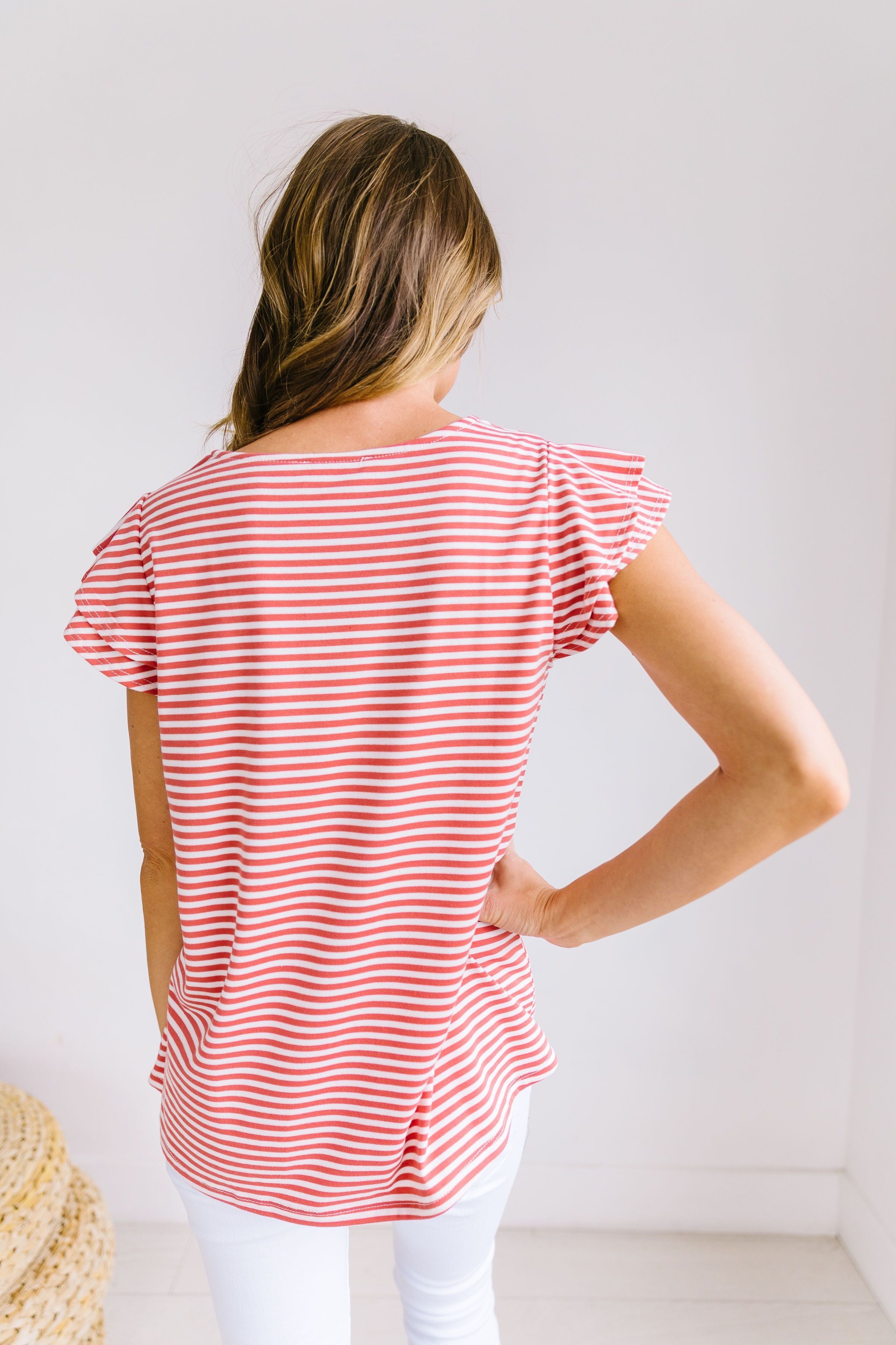 Striped Double Ruffle Top In Coral + White