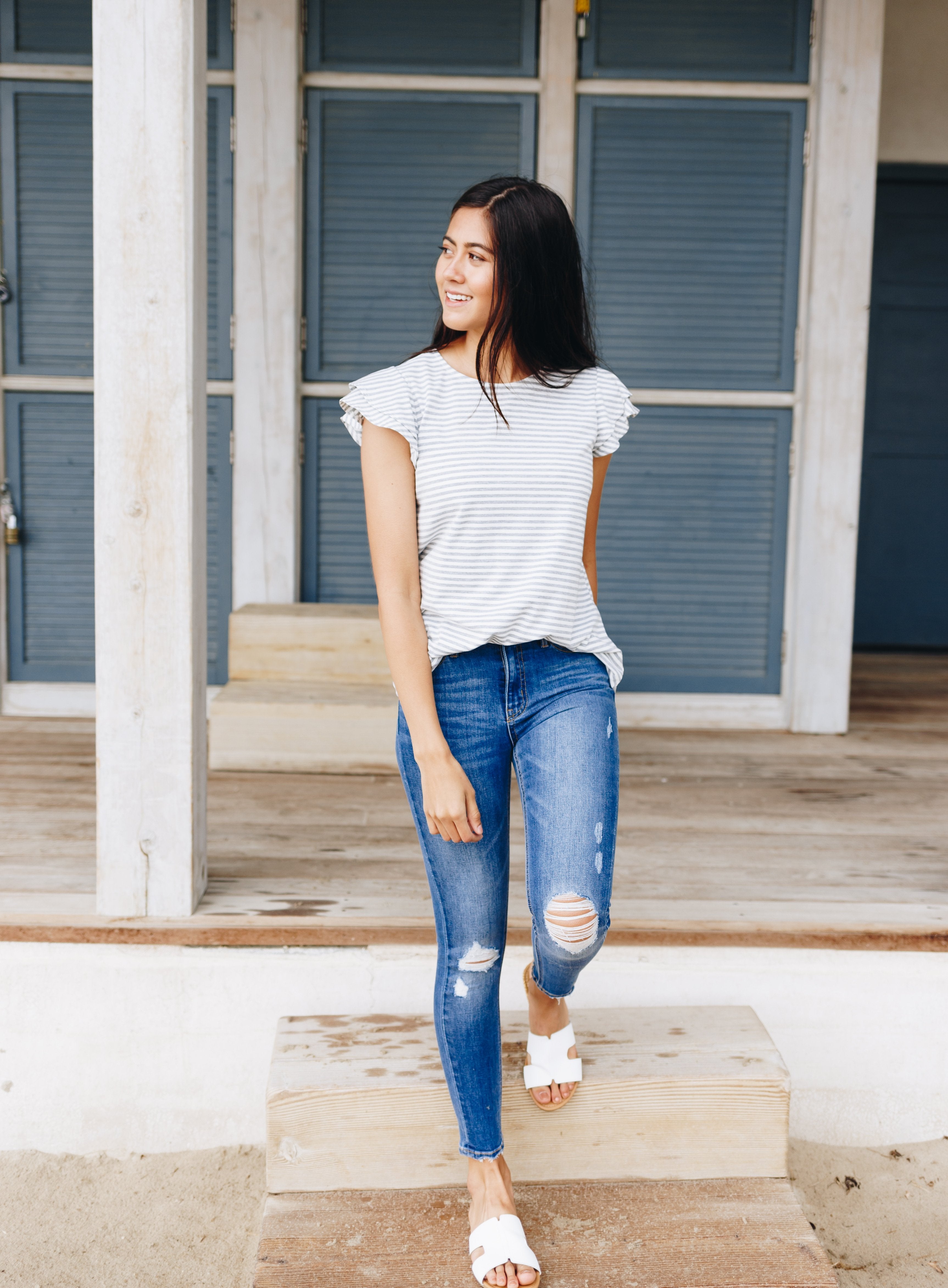 Striped Double Ruffle Top In Gray + White
