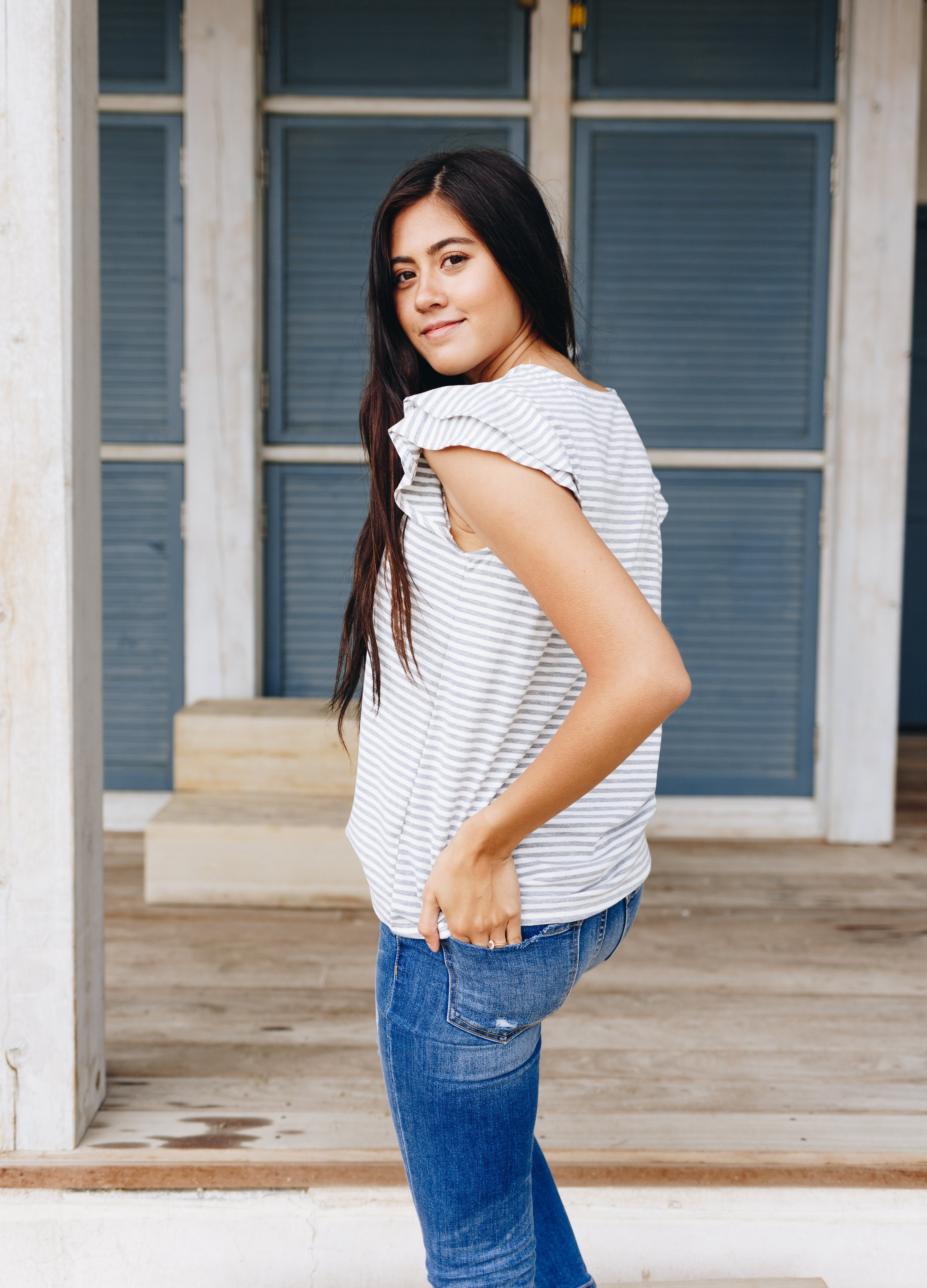 Striped Double Ruffle Top In Gray + White