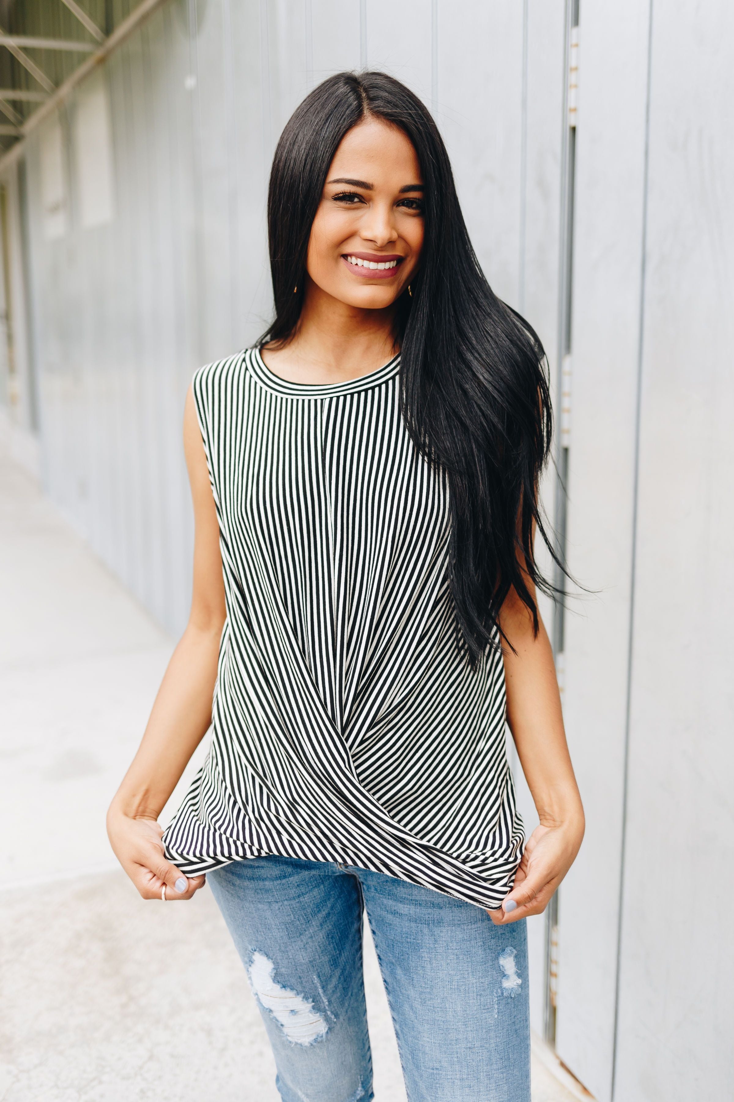 Striped Twist And Cross Top In Black + Ivory