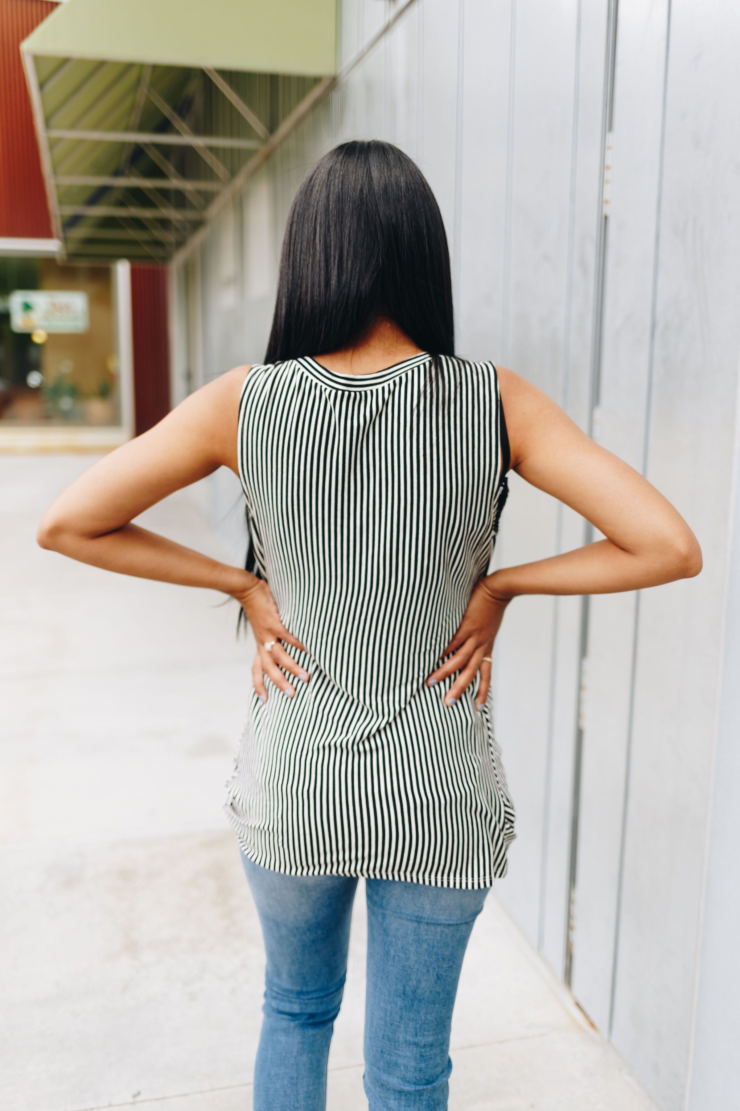 Striped Twist And Cross Top In Black + Ivory