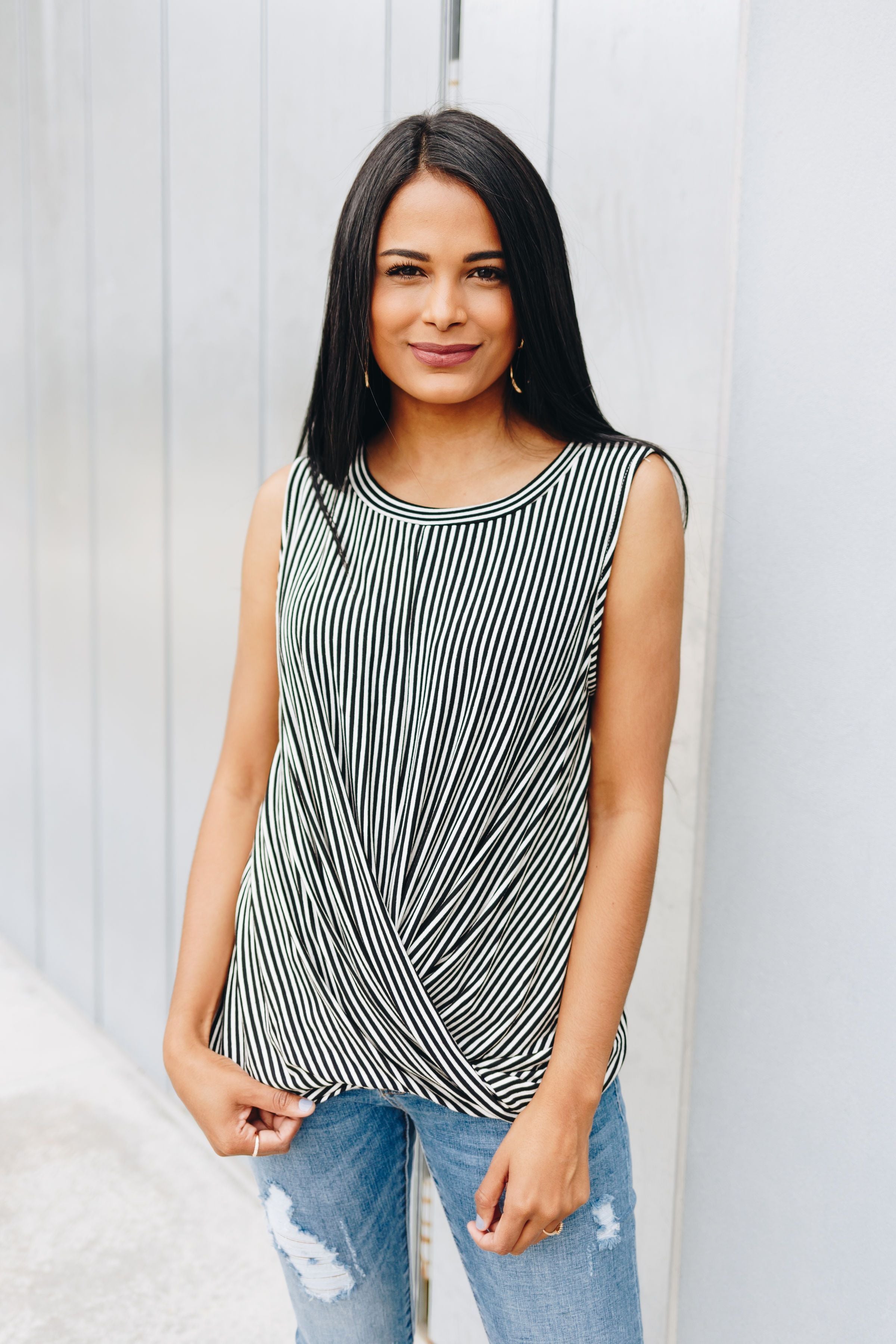 Striped Twist And Cross Top In Black + Ivory