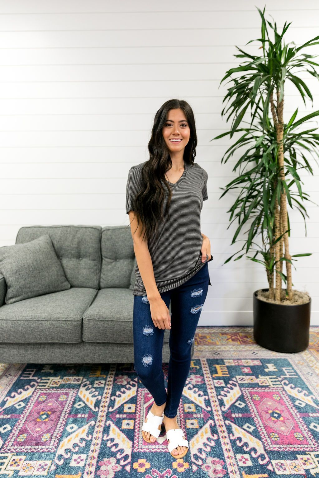 Subtle Stripe V-Neck Tee In Ash Black