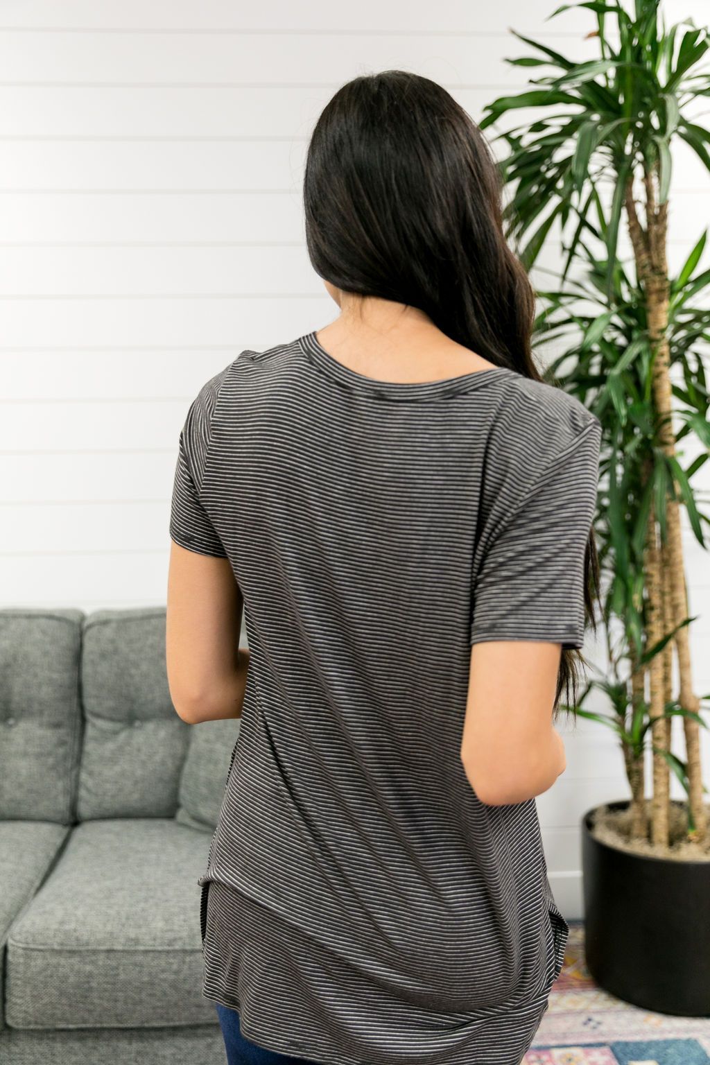 Subtle Stripe V-Neck Tee In Ash Black