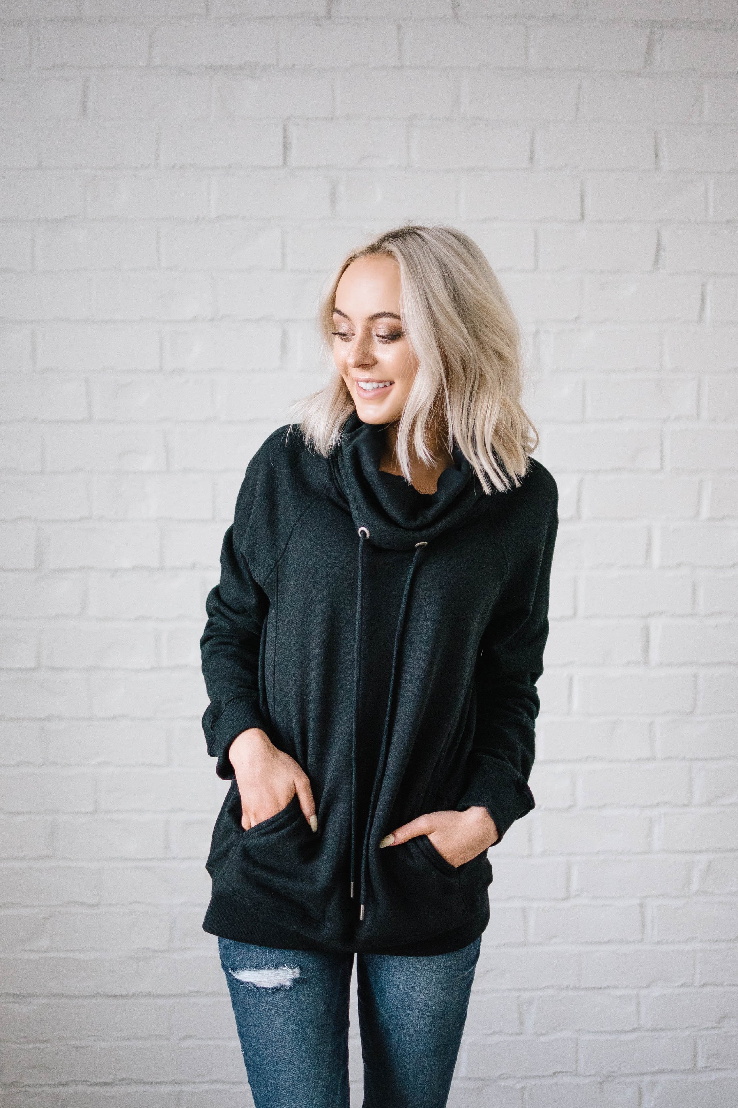 Sunday Funday Cowl Neck Sweatshirt in Black