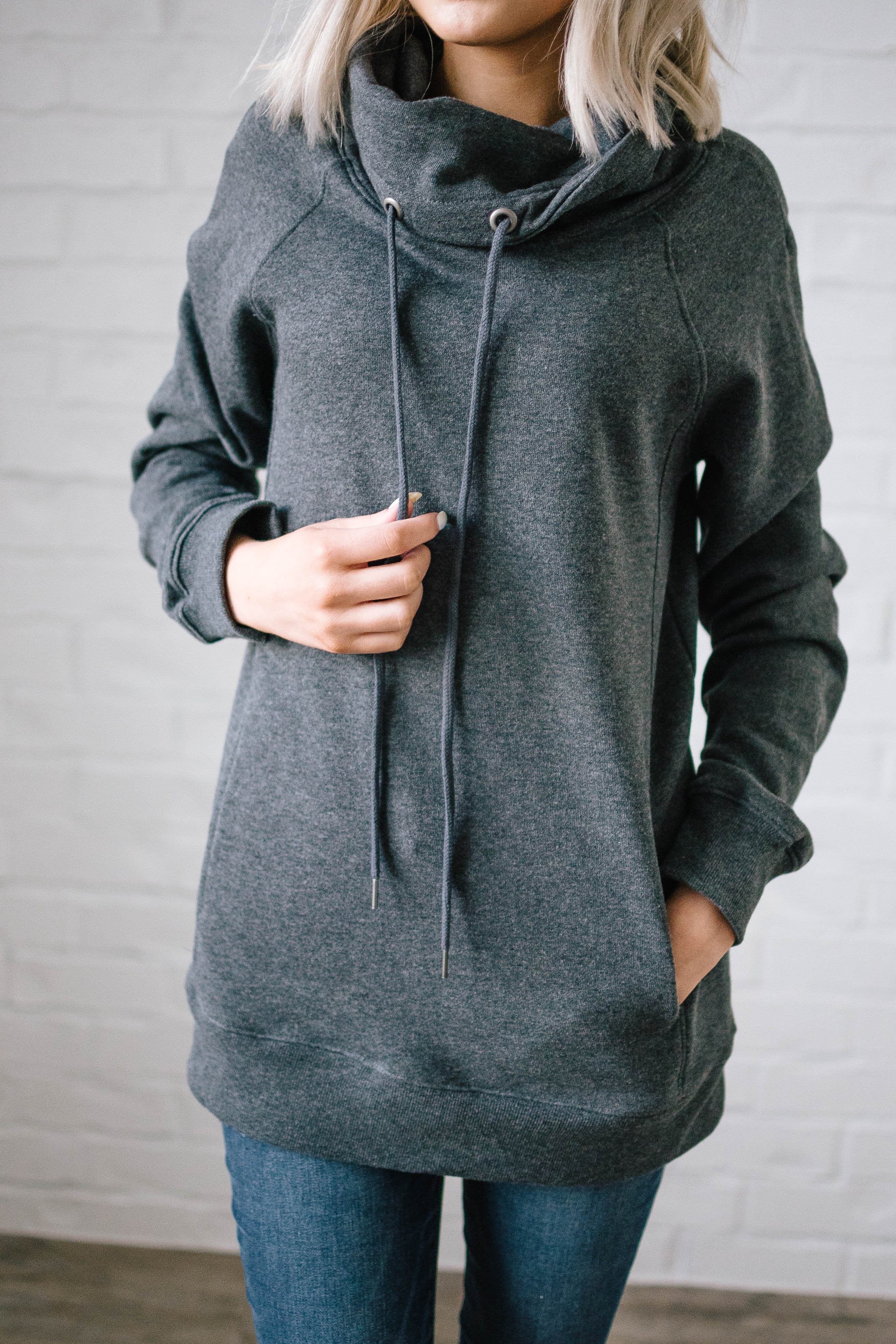 Sunday Funday Cowl Neck Sweatshirt in Charcoal Gray
