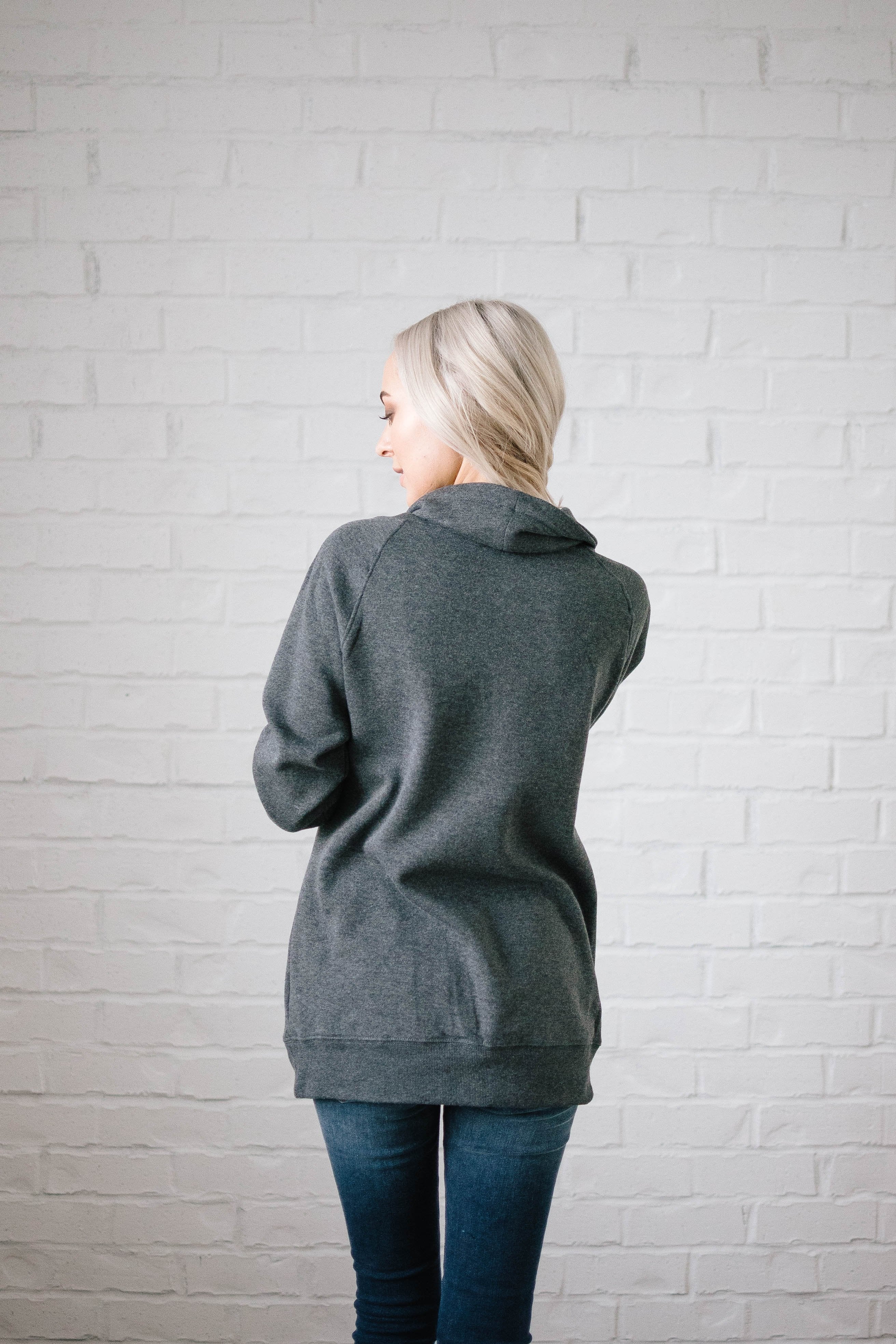 Sunday Funday Cowl Neck Sweatshirt in Charcoal Gray