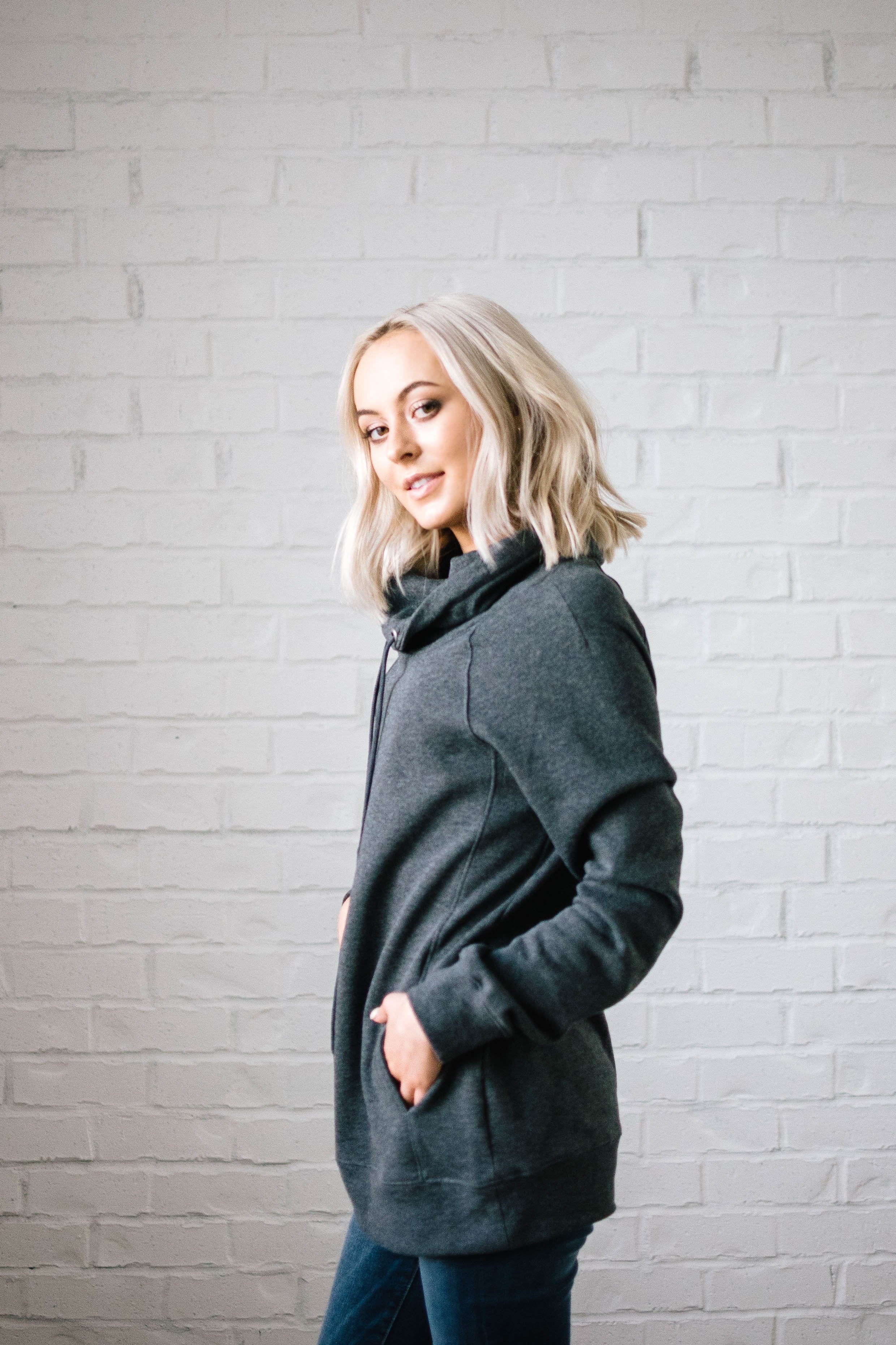 Sunday Funday Cowl Neck Sweatshirt in Charcoal Gray