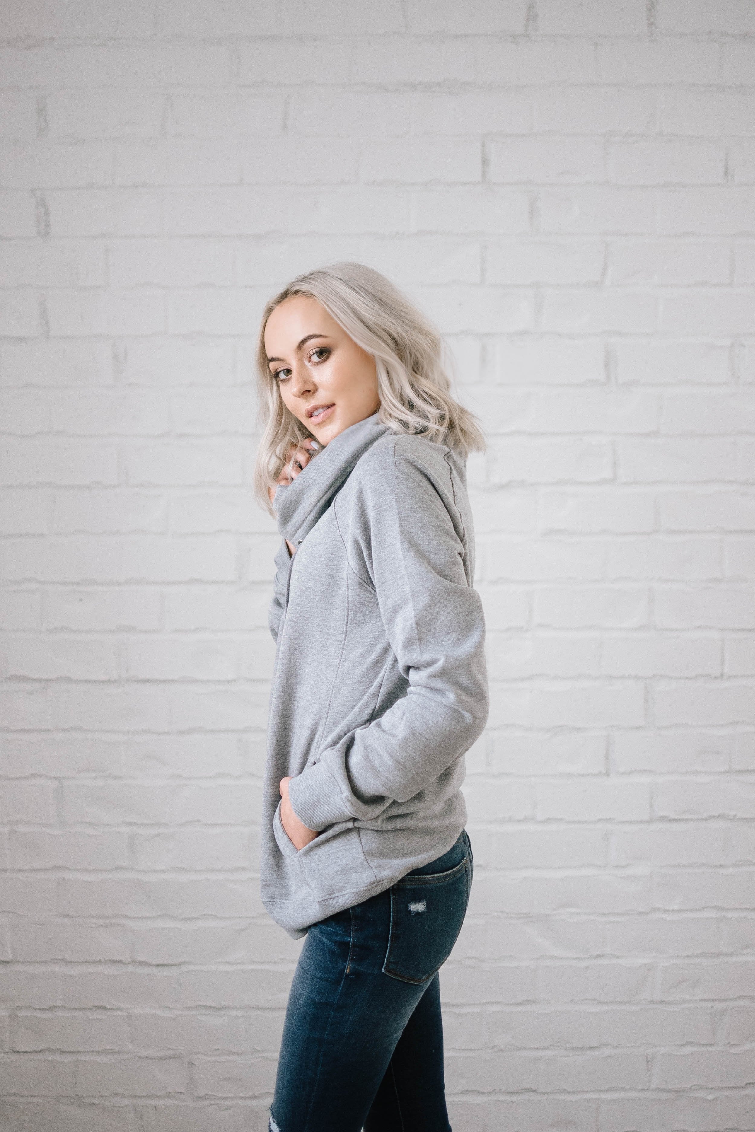 Sunday Funday Cowl Neck Sweatshirt in Light Gray
