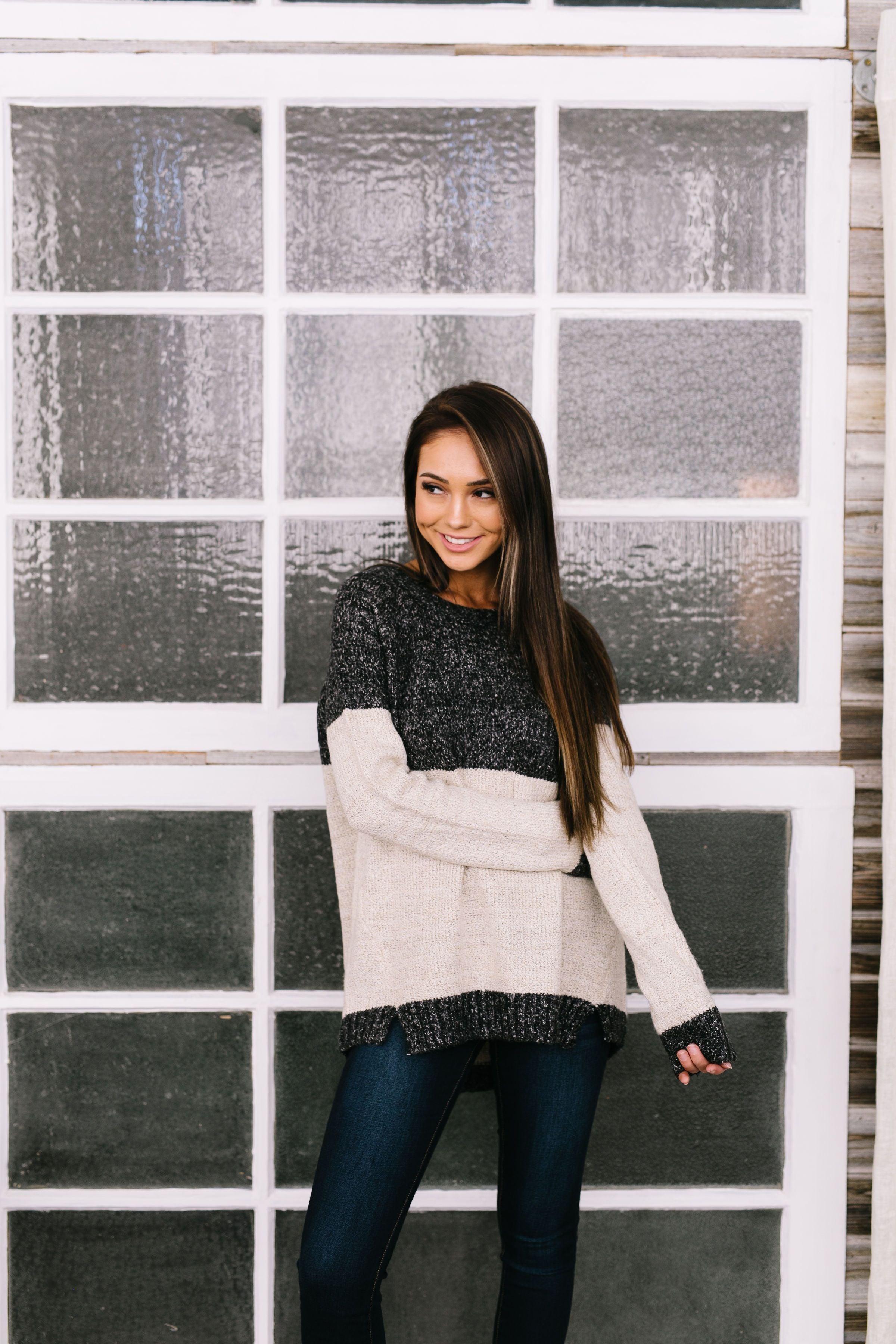 Sunny Side Up Color Block Sweater In Charcoal