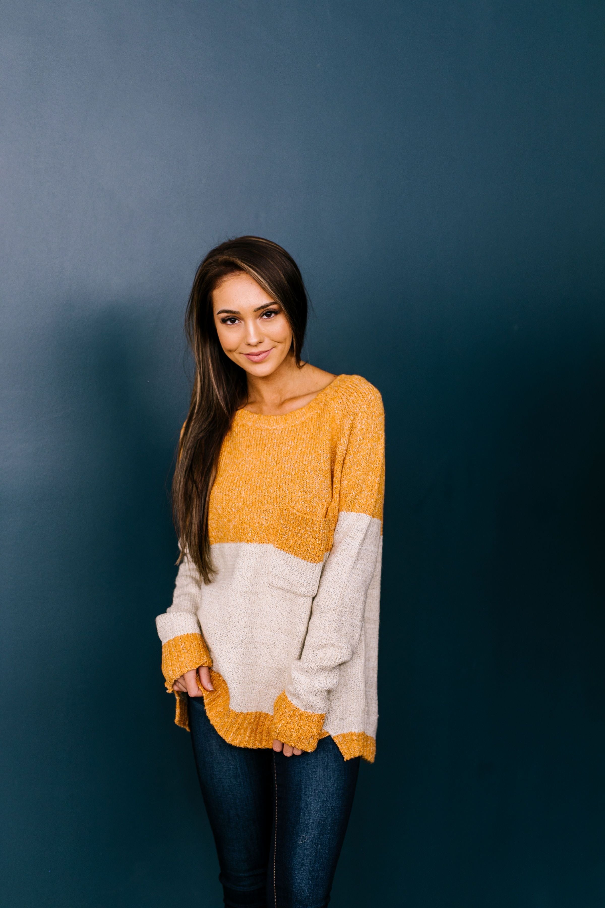 Sunny Side Up Color Block Sweater In Marigold