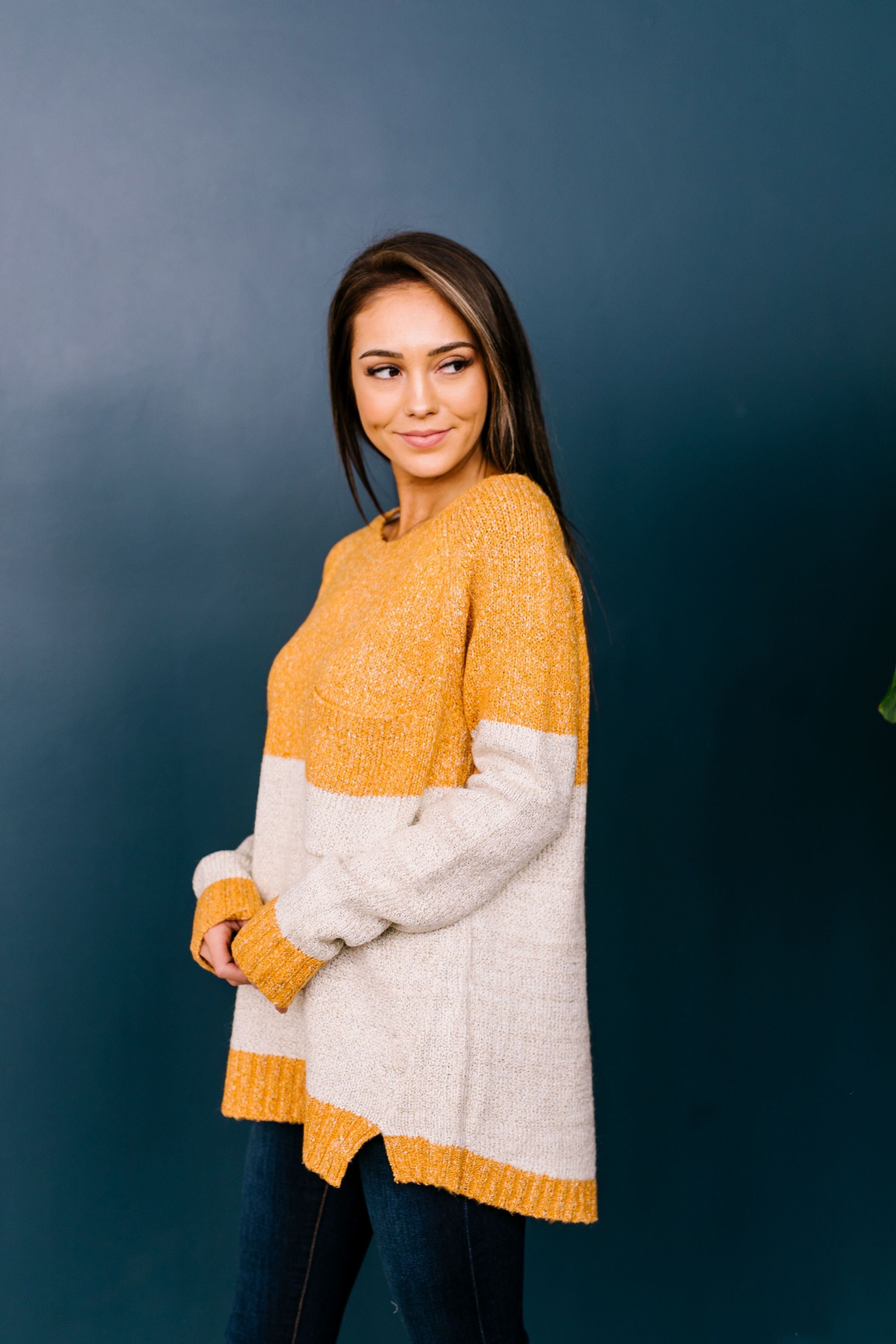 Sunny Side Up Color Block Sweater In Marigold