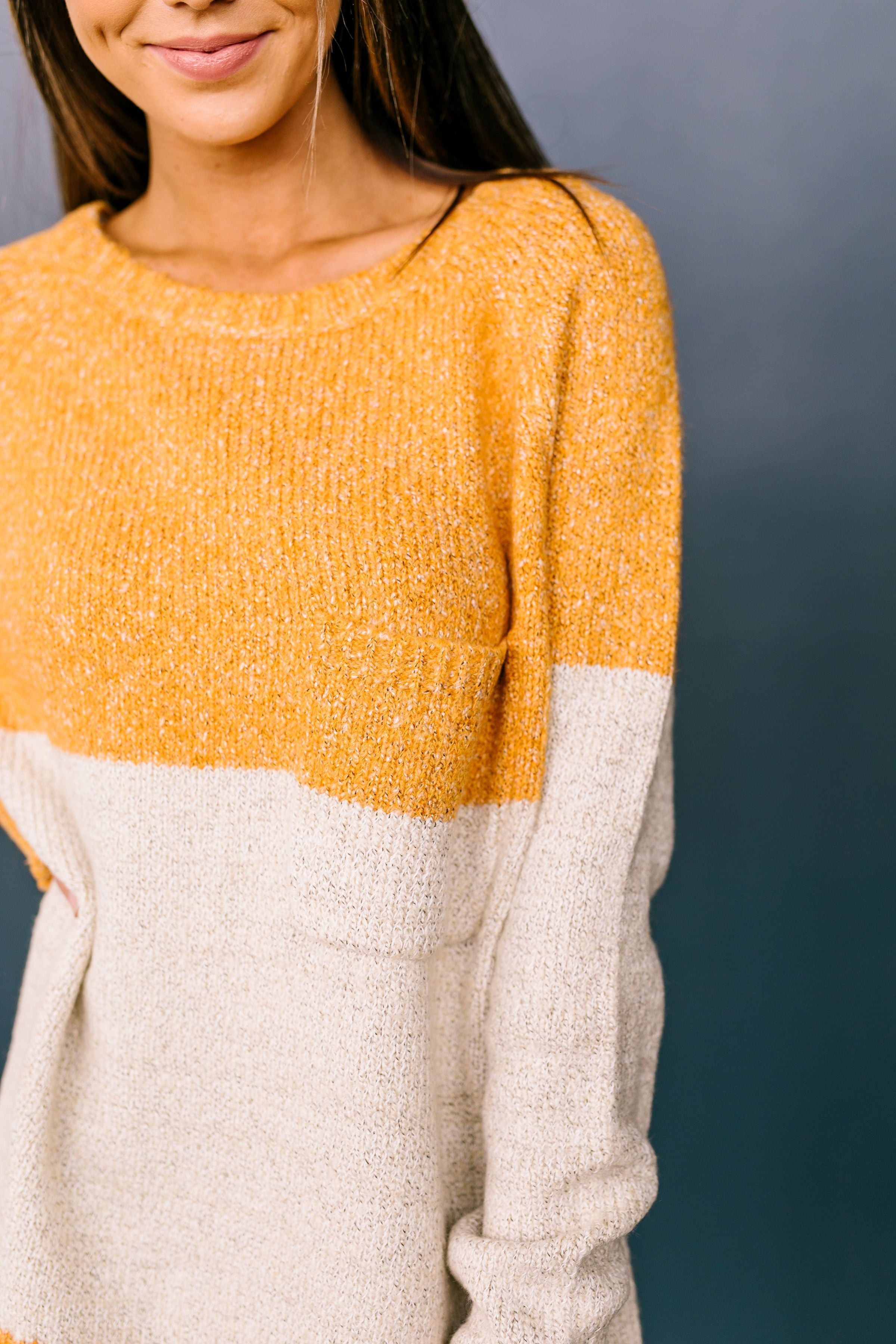 Sunny Side Up Color Block Sweater In Marigold