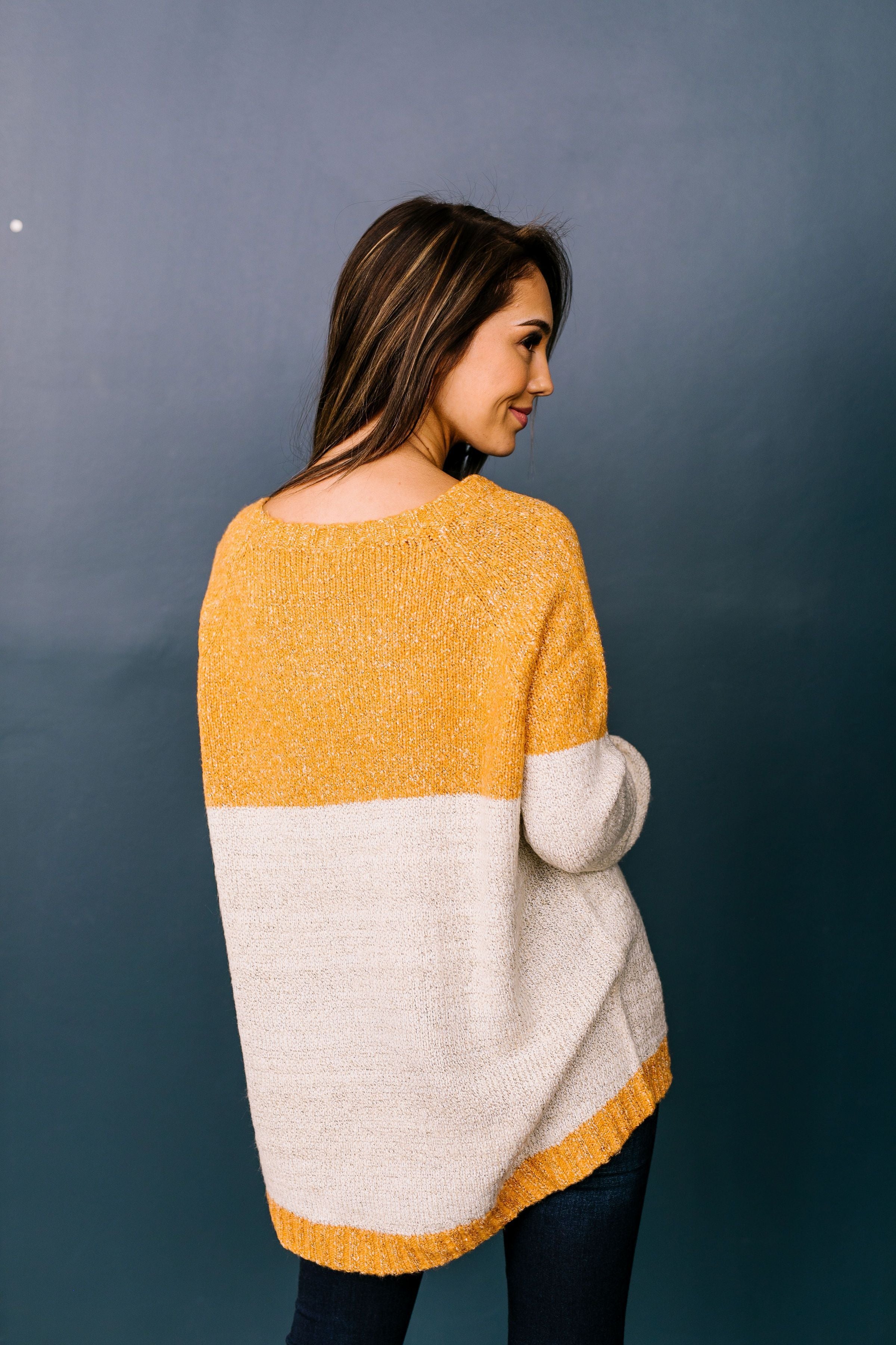 Sunny Side Up Color Block Sweater In Marigold