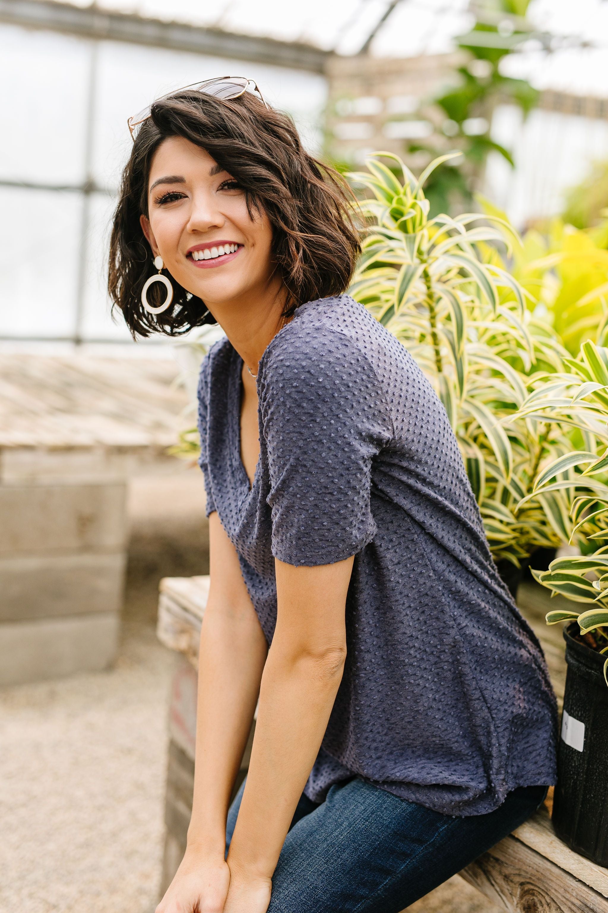 Swiss Dot V-Neck In Slate