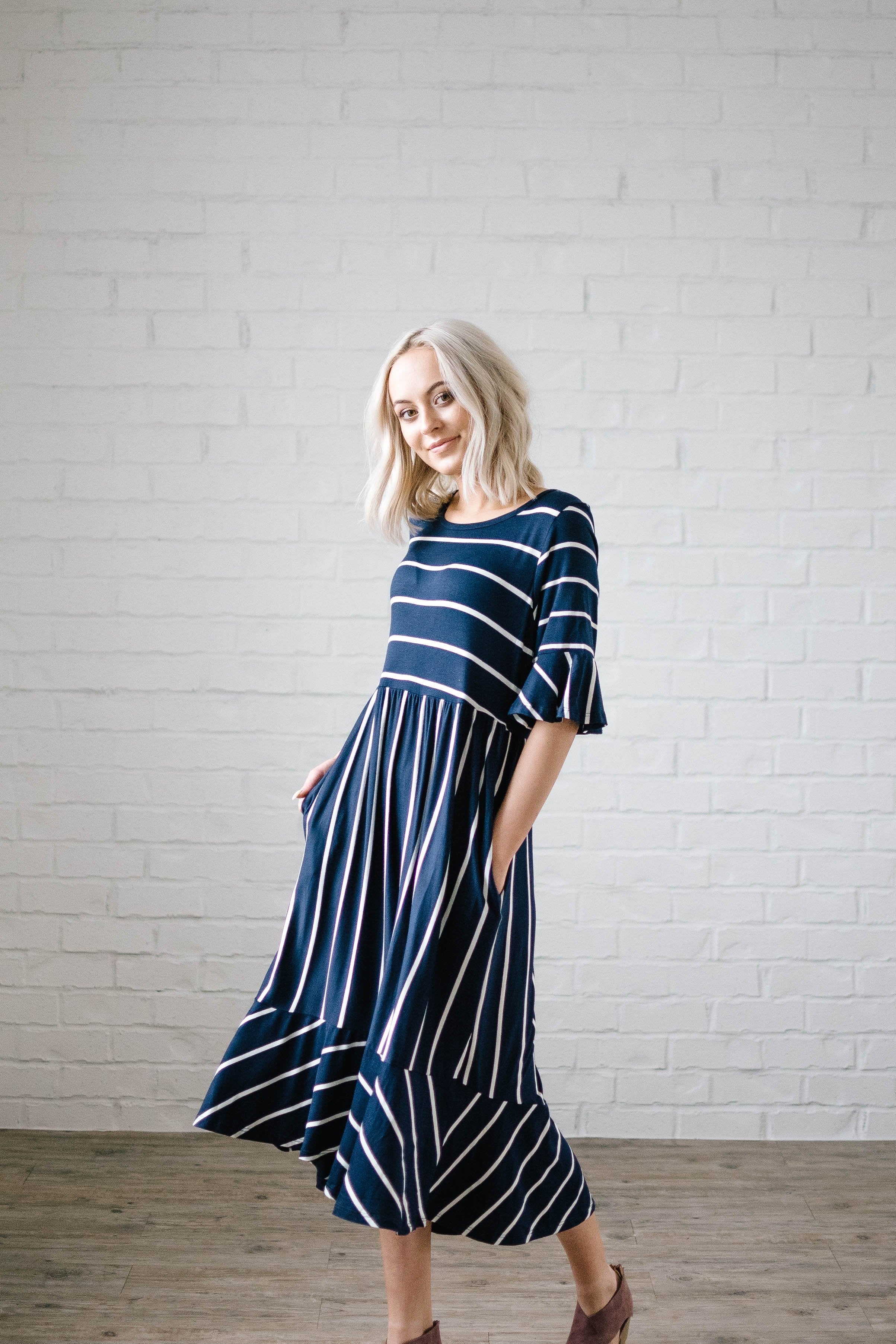 Take Me Away Striped Dress in Navy