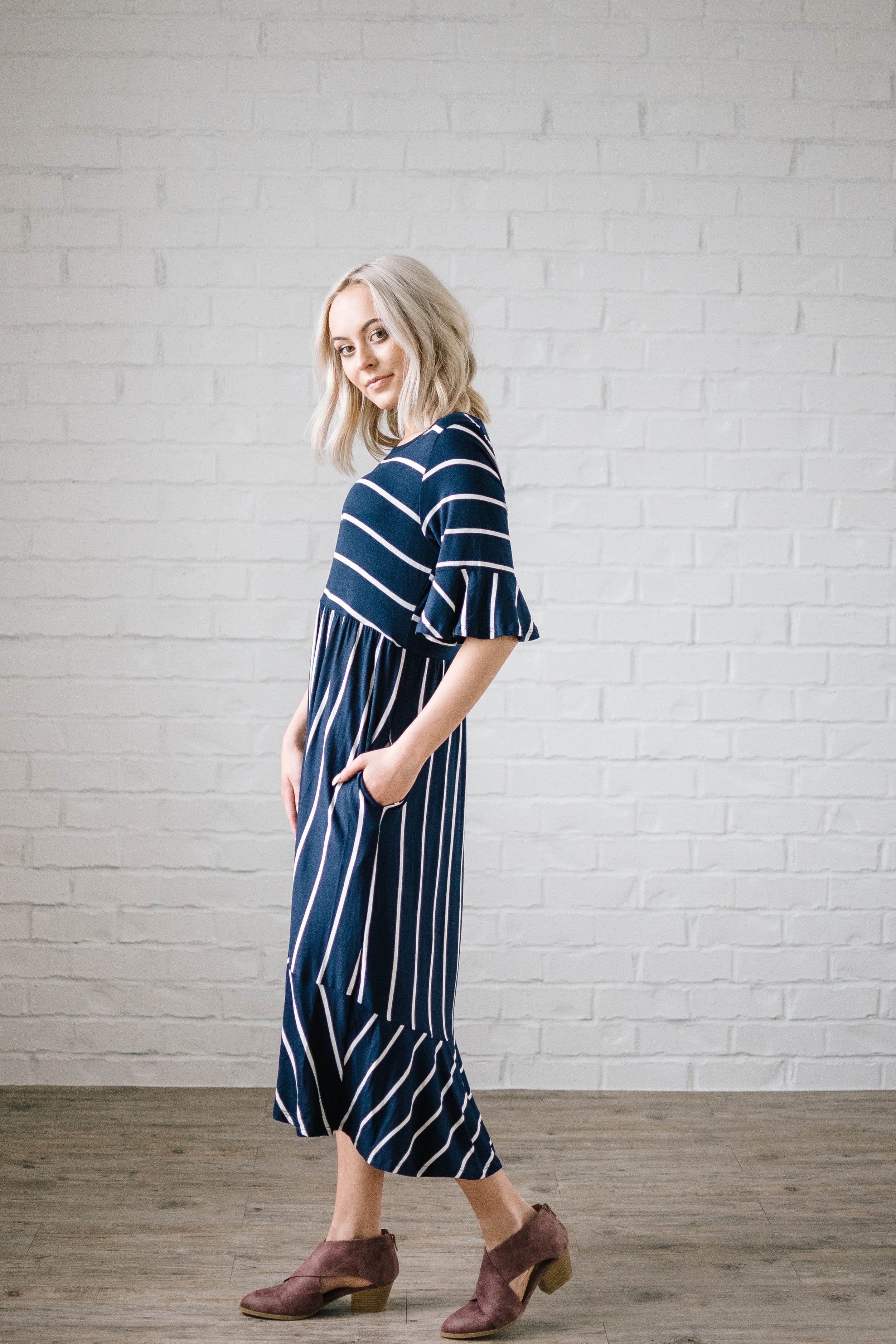 Take Me Away Striped Dress in Navy