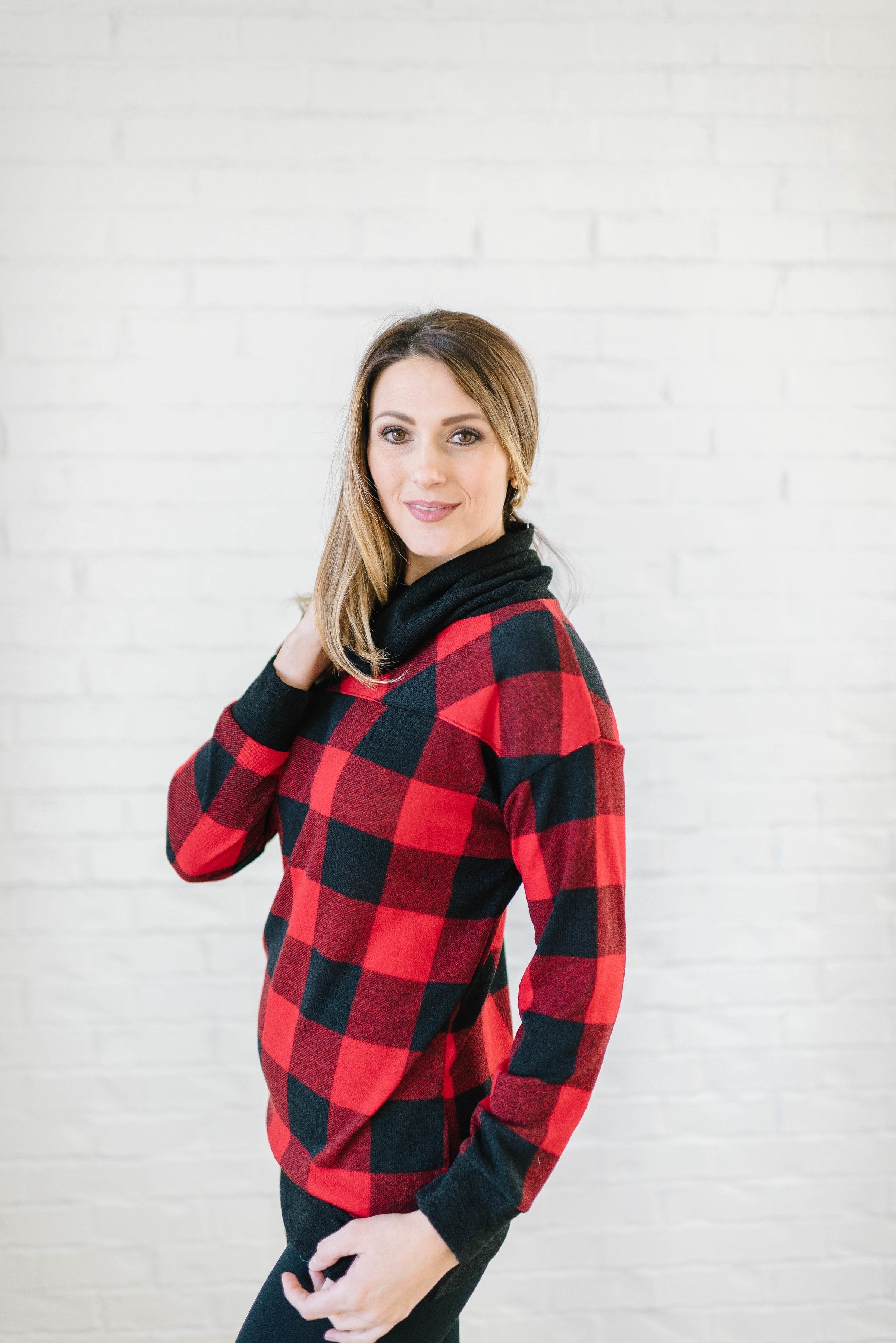 The Denise Cowl Neck Top in Black & Red