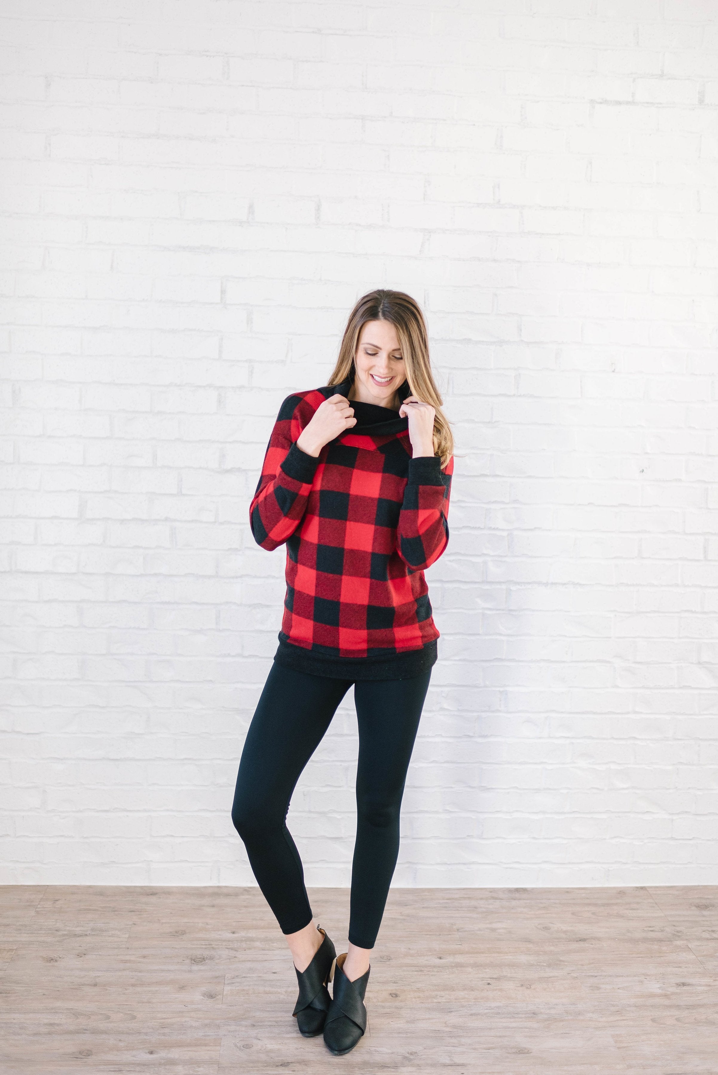 The Denise Cowl Neck Top in Black & Red