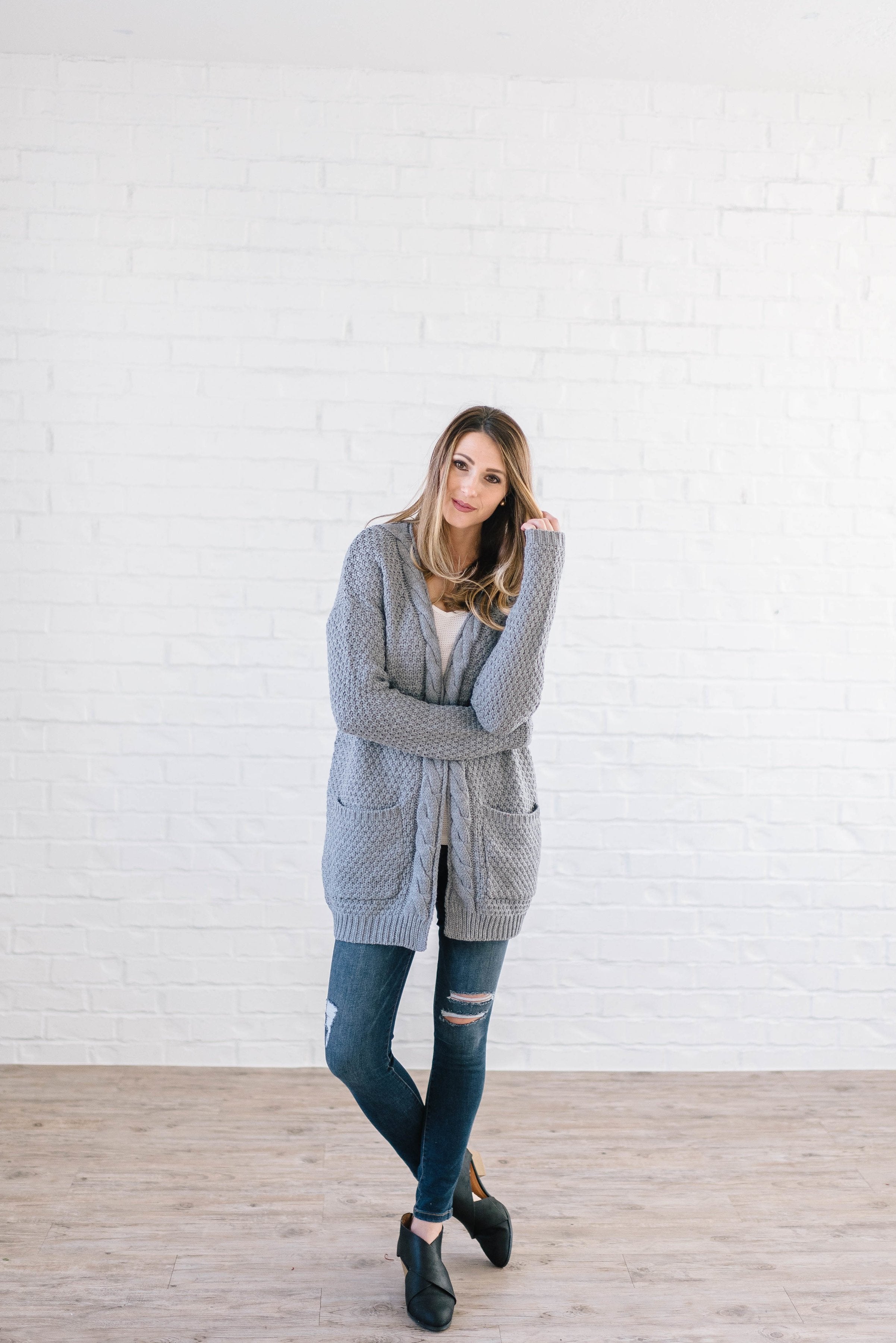 The London Cable Knit Cardi in Gray