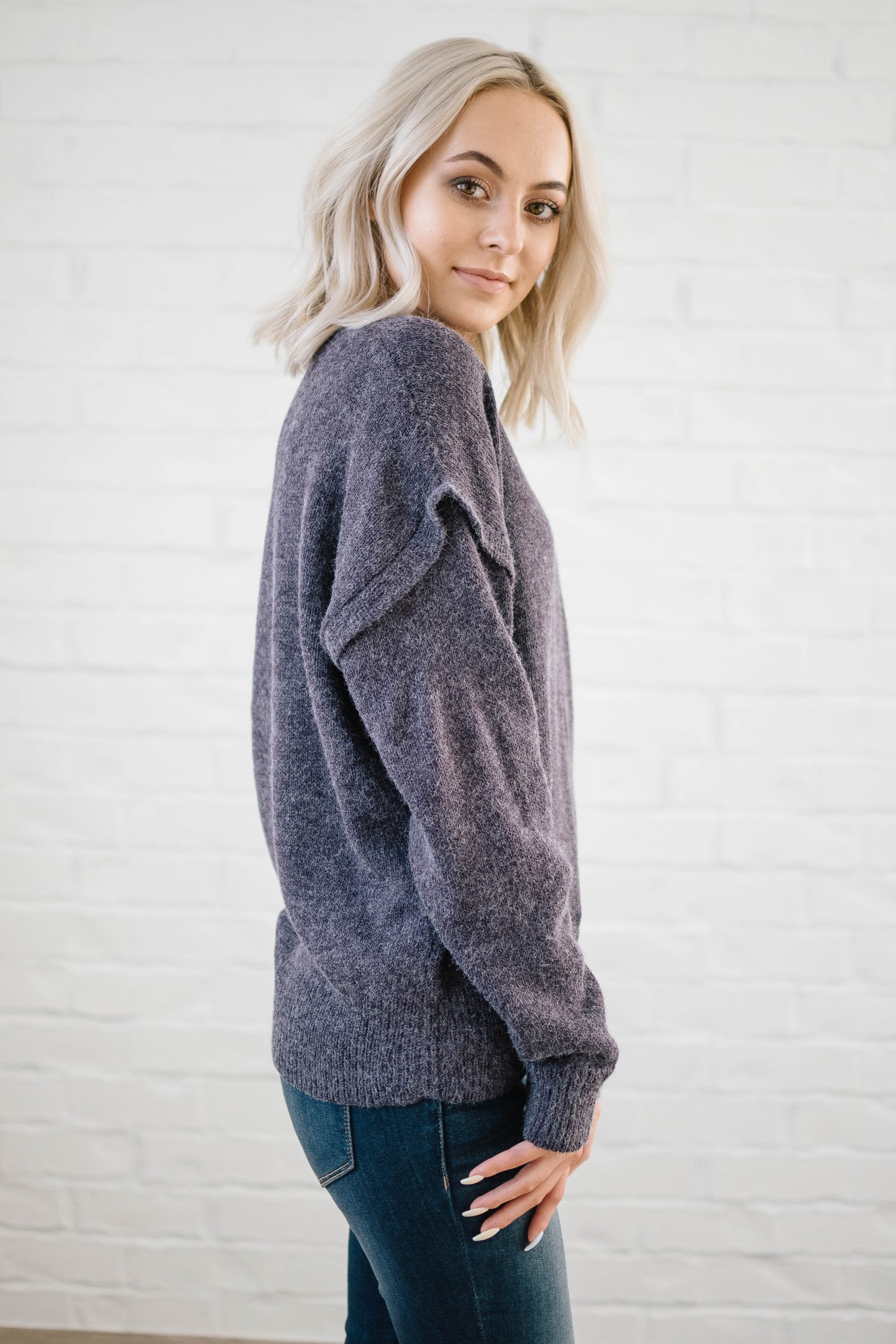 The Rosslyn Ruffle Sweater in Purple