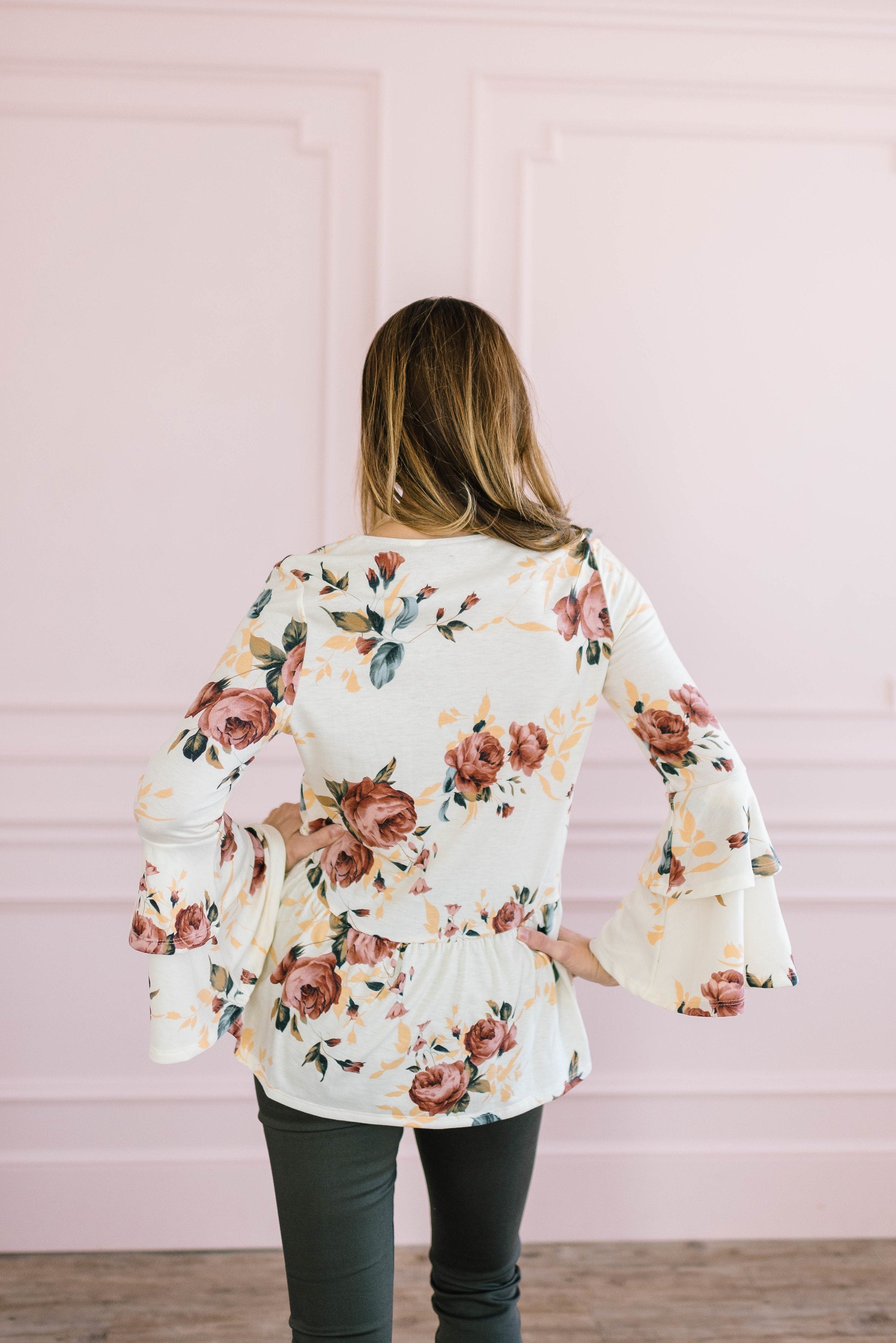 The Sadie Floral Bell Sleeve Top in Cream