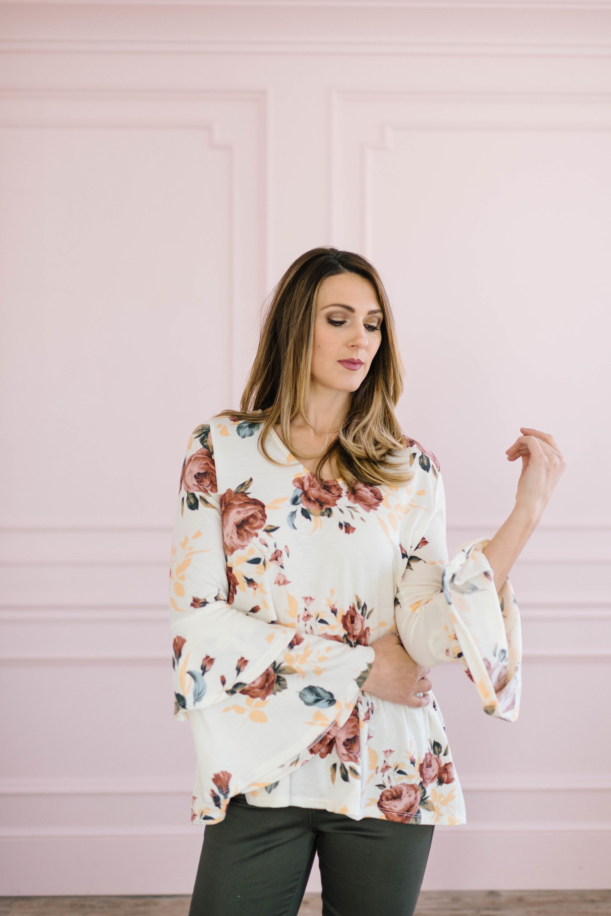 The Sadie Floral Bell Sleeve Top in Cream