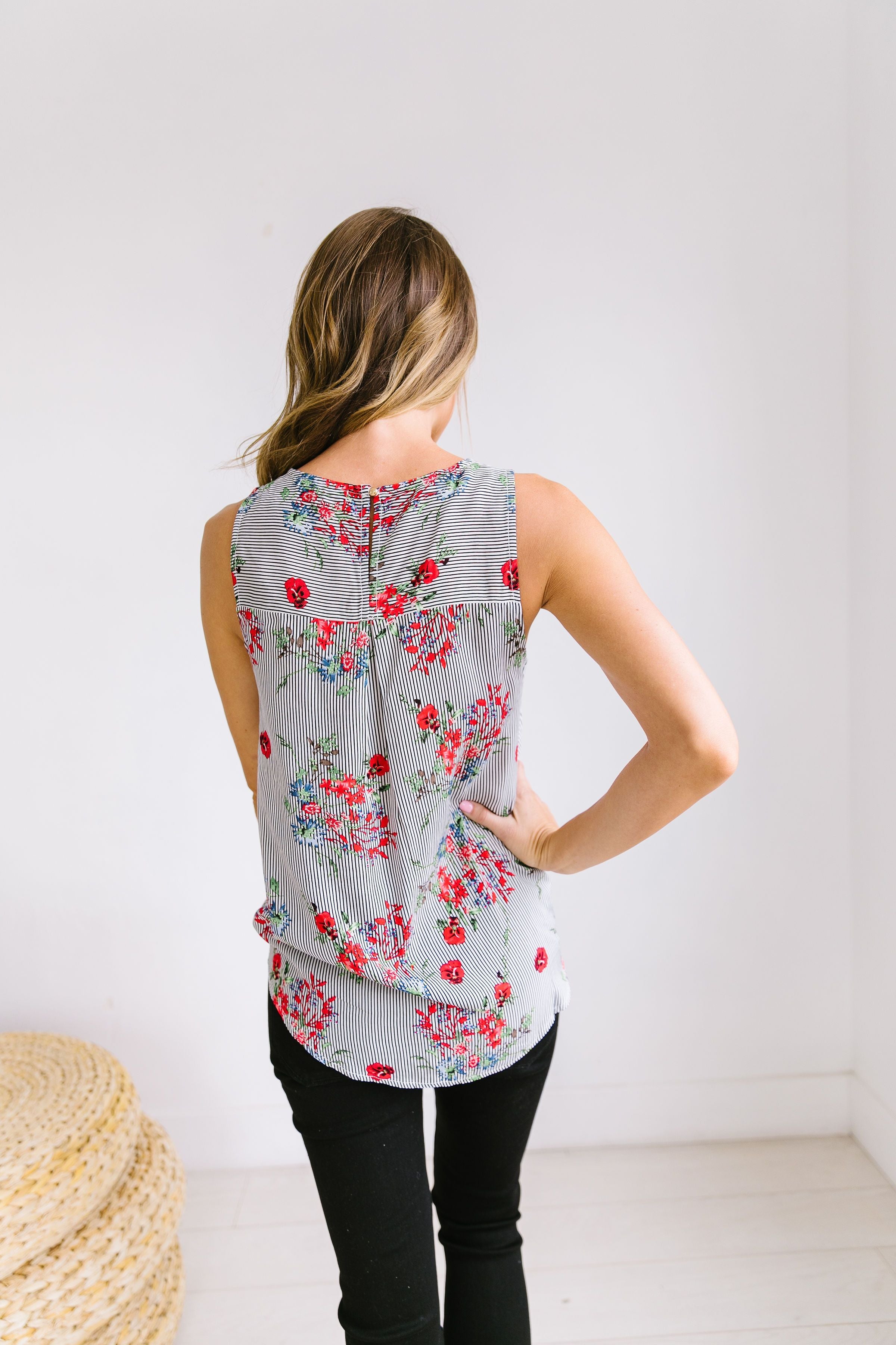 Tie-Front Flowers And Stripes Top