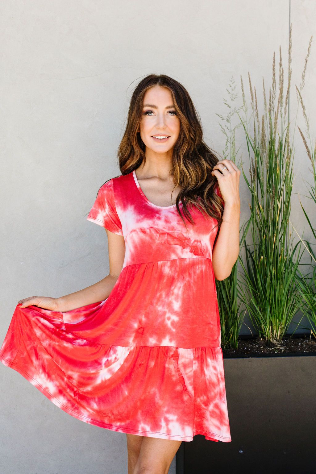 Tiered Tie Dye Dress In Coral