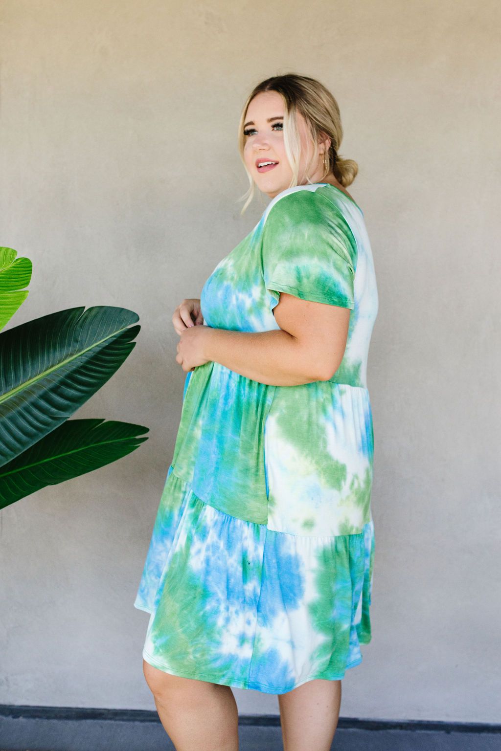 Tiered Tie Dye Dress In Turquoise & Green