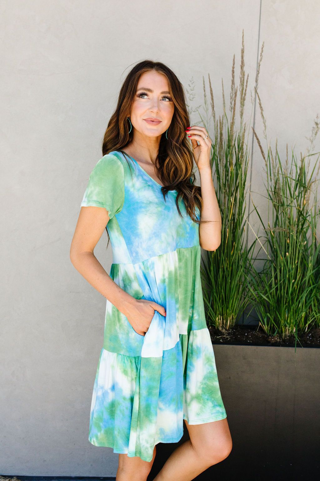 Tiered Tie Dye Dress In Turquoise & Green