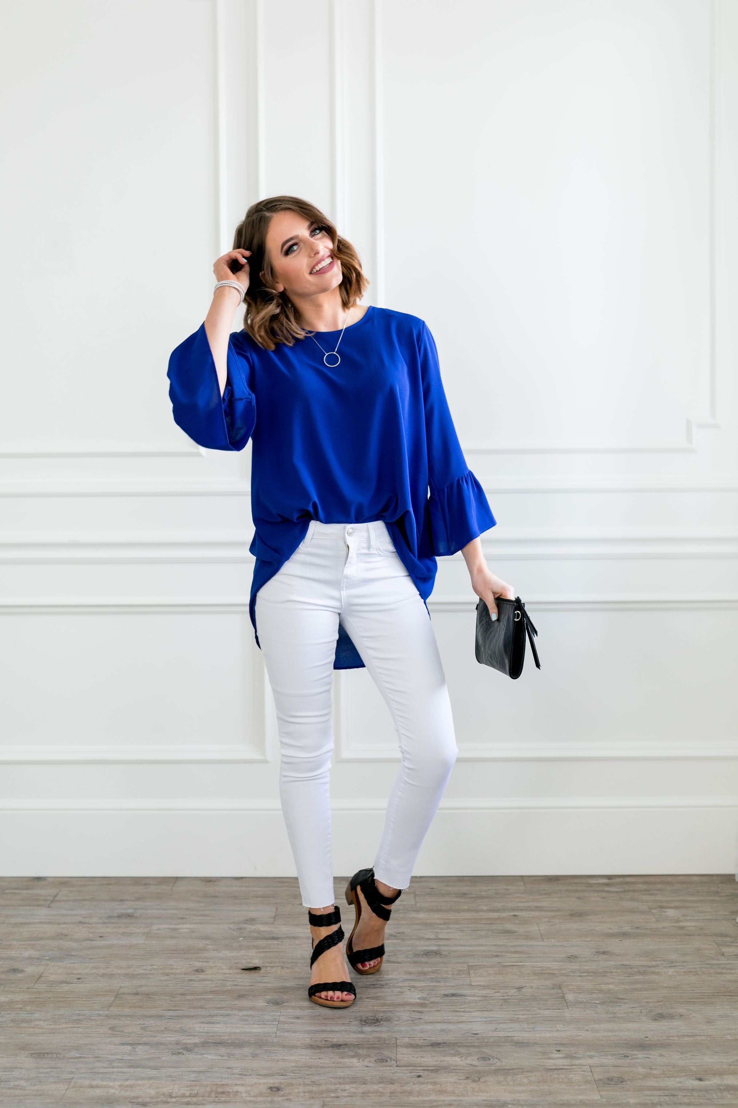 Trumpet Sleeve Blouse In Royal Blue