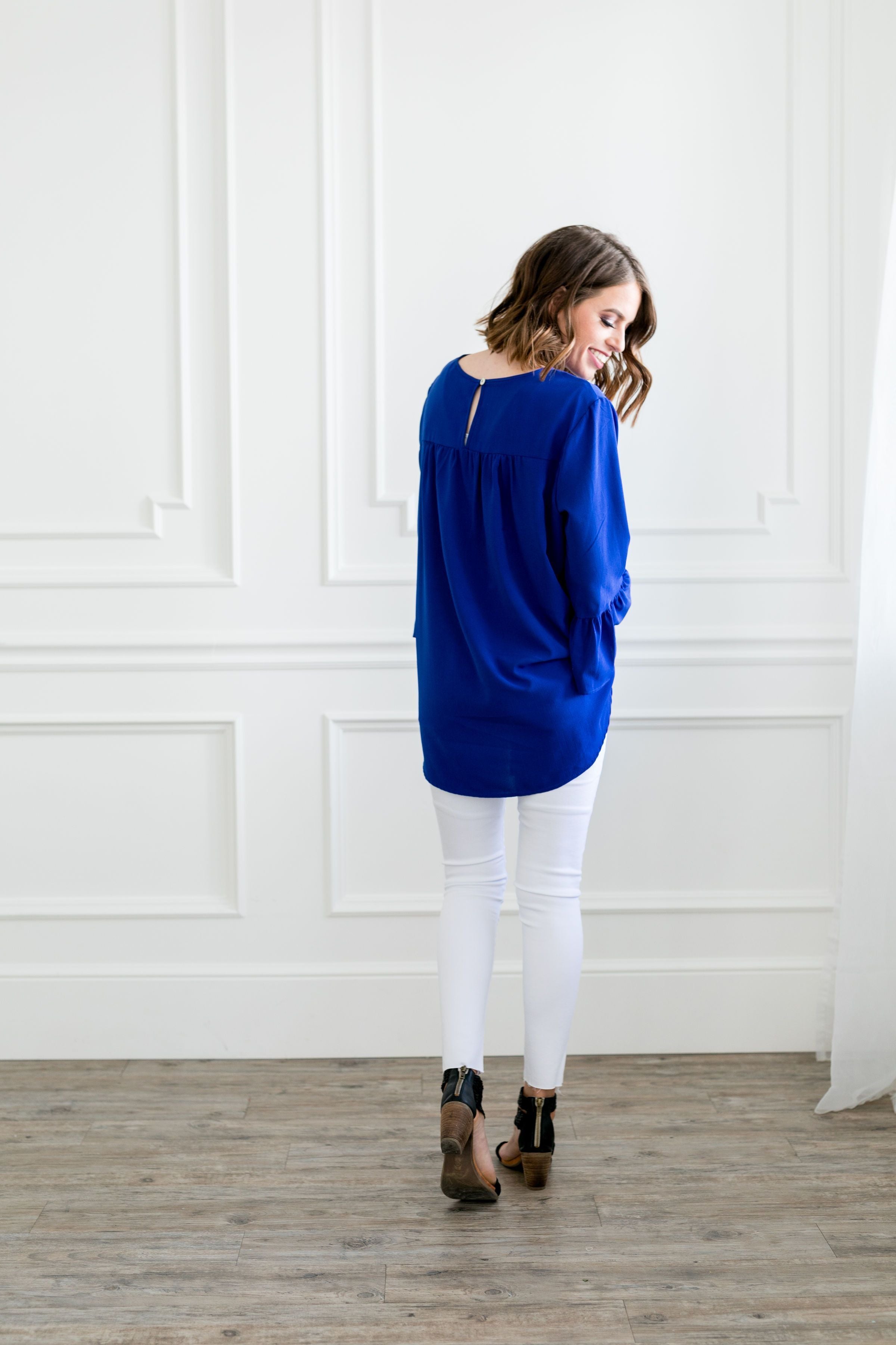 Trumpet Sleeve Blouse In Royal Blue