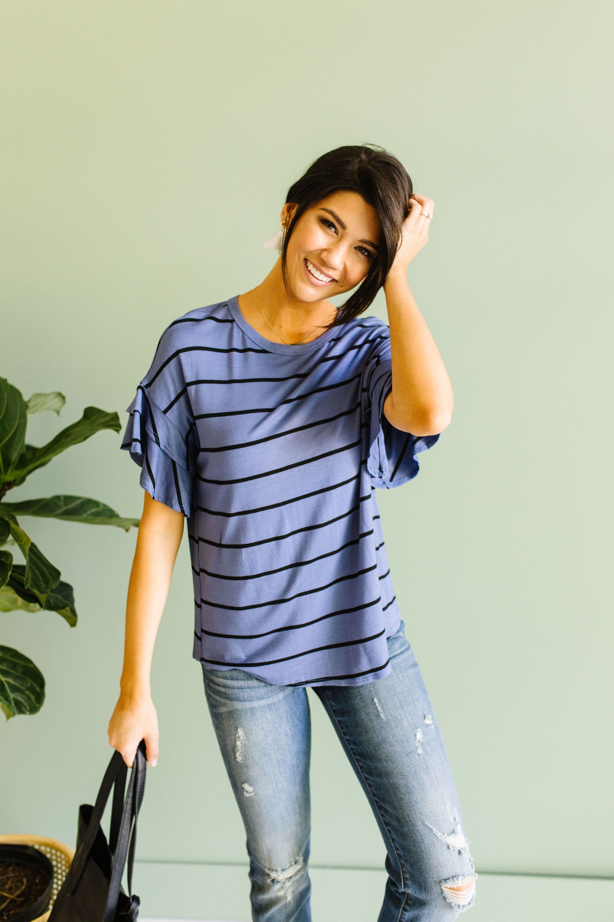 Twice As Nice Striped Top In Denim