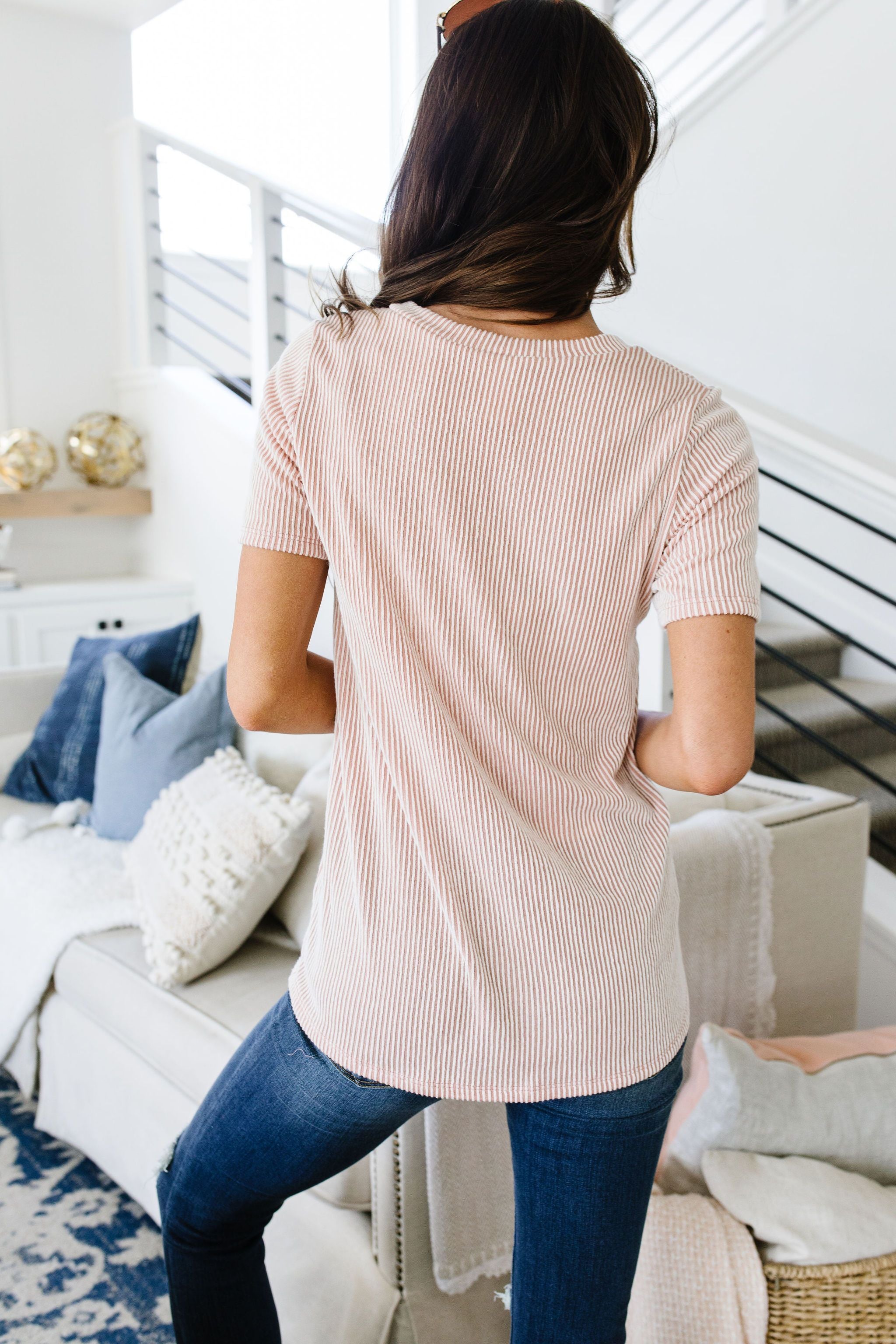 Two-Tone Ribbed V-Neck In Mauve