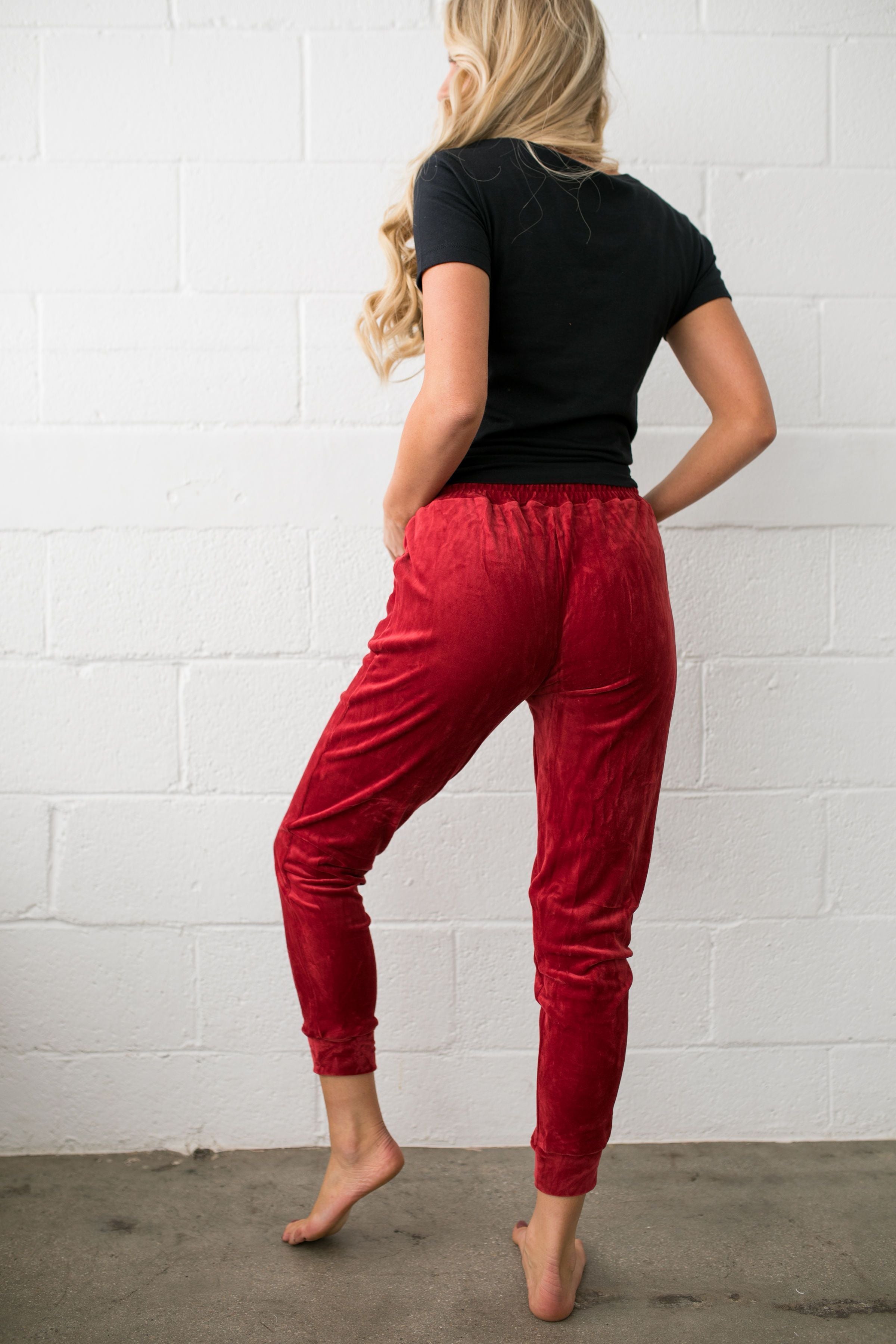 Very Velvety Velour Joggers In Red - ALL SALES FINAL