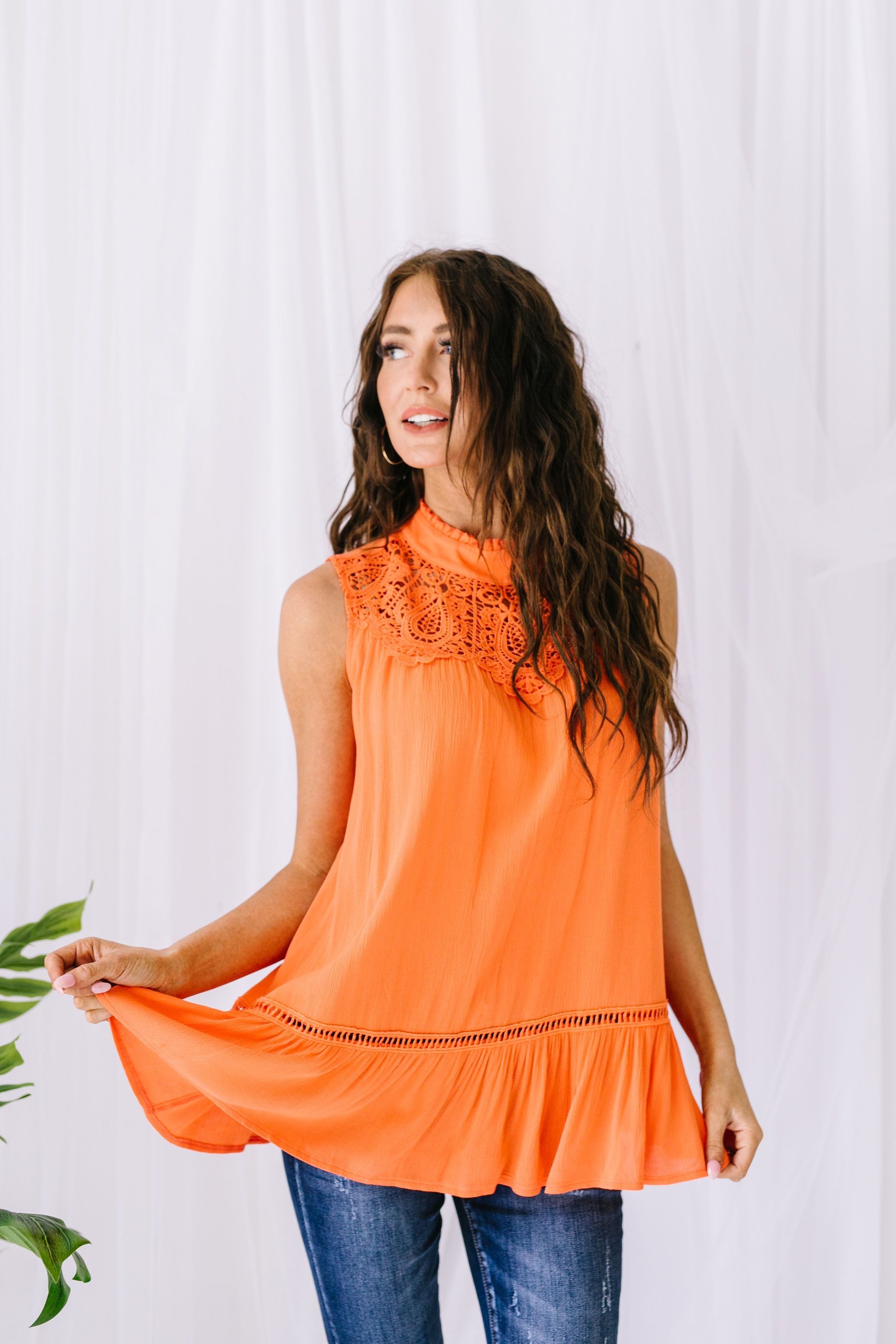 Victoria Lace Mock Neck Top In Orange